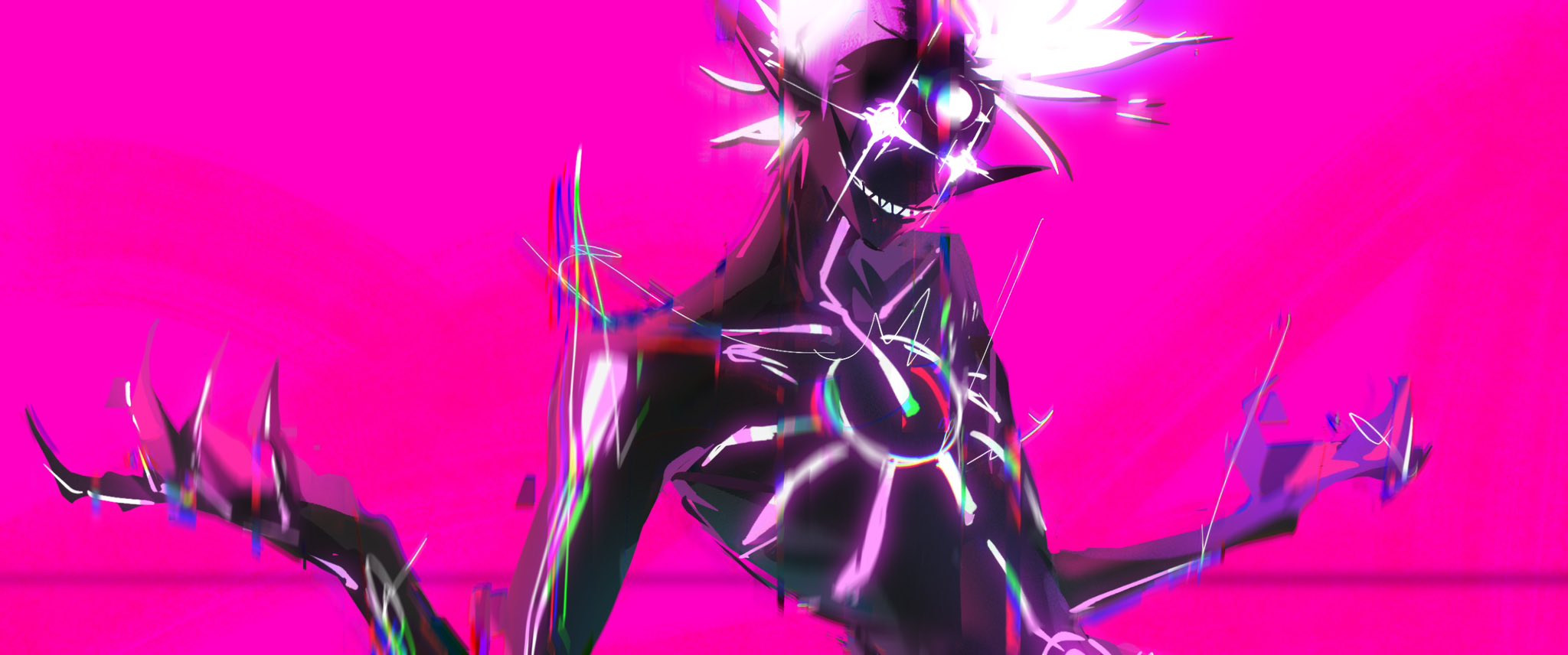 sd2190392804, dragon boy (to be hero x), to be hero, to be hero x, highres, 1boy, evil smile, full-body tattoo, glitch, glowing, glowing eyes, horror (theme), male focus, mohawk, monster boy, no shirt, pink eyes, pink hair, pointy ears, smile, solo, tattoo, white eyes, white hair