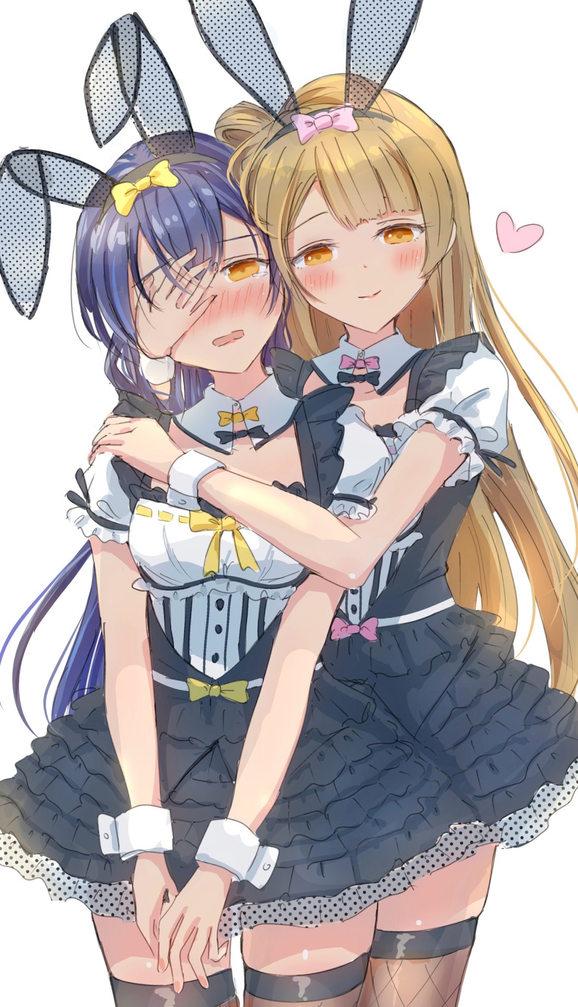 sa(bannane)k, minami kotori, sonoda umi, love live!, love live! school idol project, highres, 2girls, animal ear hairband, animal ears, behind another, blue hair, blush, brown hair, closed mouth, covering another's eye, cowboy shot, dress, fake animal ears, fishnet thighhighs, fishnets, hair rings, hairband, hand on another's face, hand on another's shoulder, heart, long hair, looking at viewer, multiple girls, rabbit ear hairband, rabbit ears, short sleeves, single hair ring, standing, thighhighs, white wrist cuffs, wrist cuffs, yellow eyes, yuri