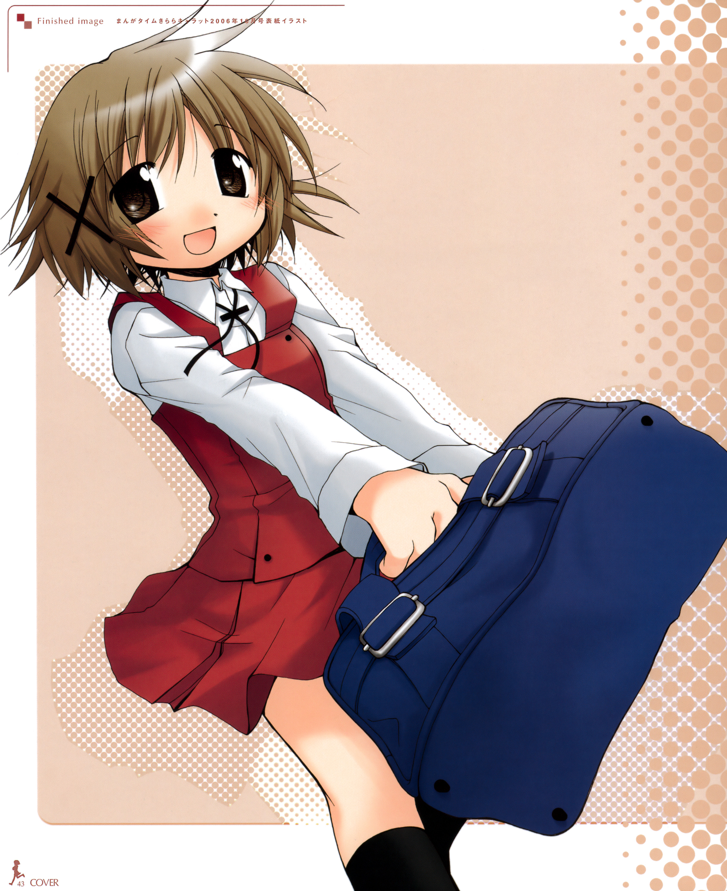 aoki ume, yuno (hidamari sketch), hidamari sketch, absurdres, highres, official art, scan, 00s, 1girl, bag, brown eyes, brown hair, female focus, looking at viewer, open mouth, school bag, school uniform, serafuku, socks, solo, yamabuki high school uniform