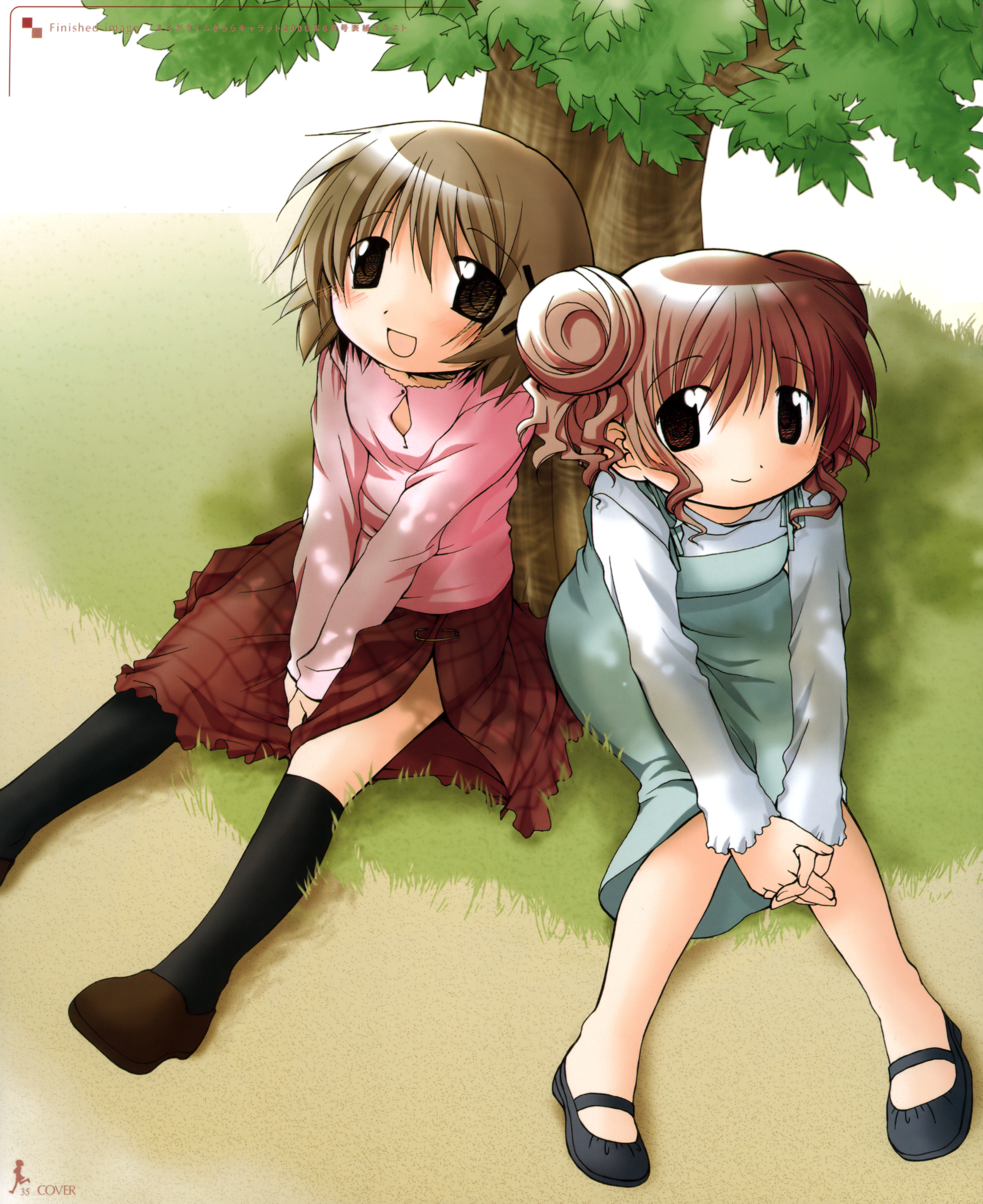 aoki ume, hiro (hidamari sketch), yuno (hidamari sketch), hidamari sketch, absurdres, highres, official art, scan, 00s, 2girls, multiple girls, shade, skirt, socks
