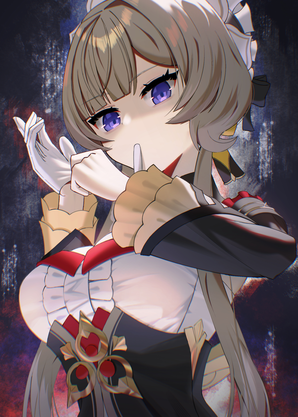 rerute (lerte 6), sandrone (genshin impact), genshin impact, highres, 1girl, black dress, breasts, brown hair, dress, frilled dress, frills, glove in mouth, gloves, long hair, long sleeves, medium breasts, mouth hold, purple eyes, solo, white gloves, wide sleeves
