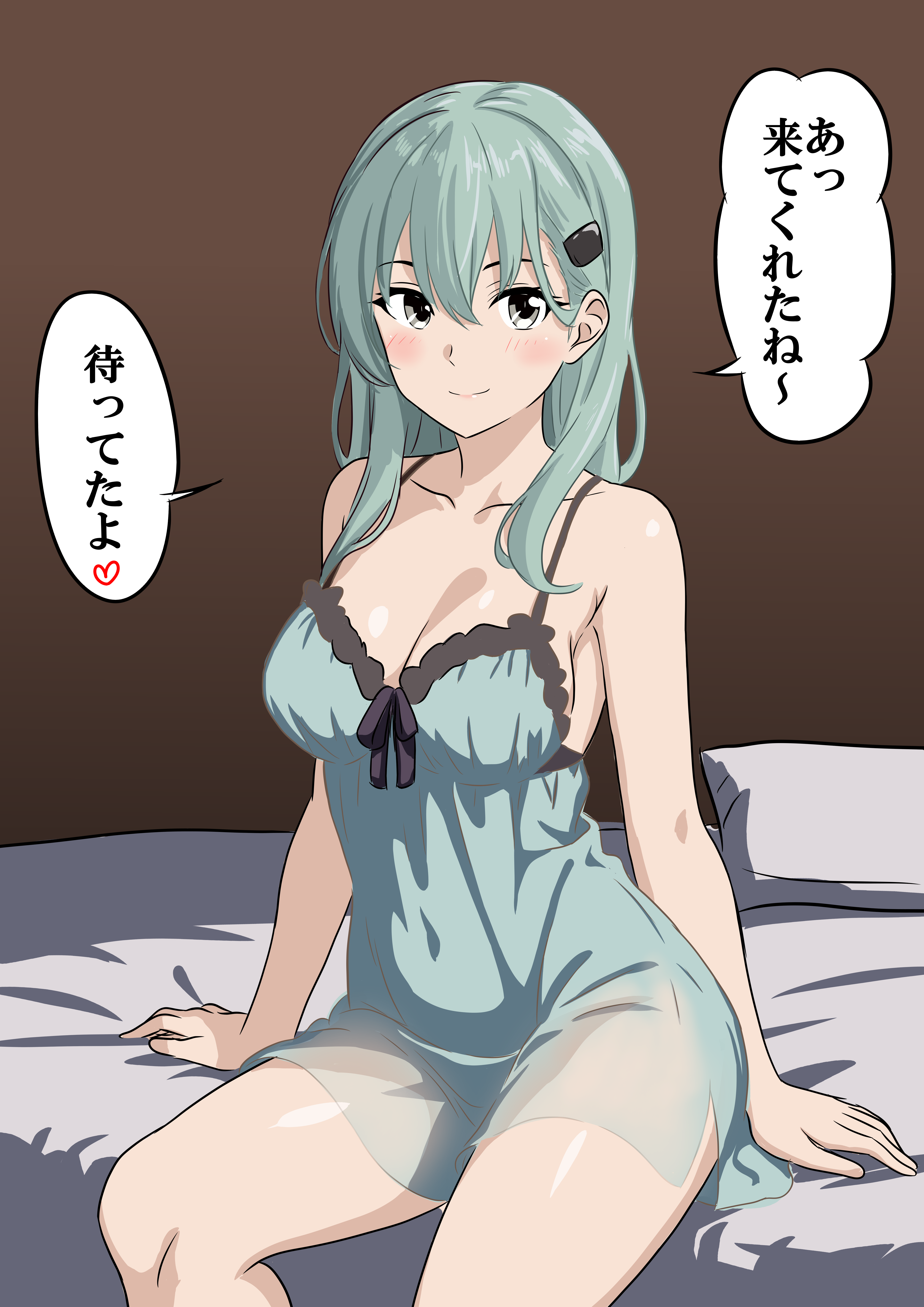 bone namu (namu49850), suzuya (kancolle), kantai collection, absurdres, highres, translation request, 1girl, babydoll, breasts, green babydoll, green hair, grey eyes, hair between eyes, hair ornament, hairclip, heart, large breasts, lingerie, long hair, sitting, smile, solo, speech bubble, spoken heart, underwear, underwear only, very long hair
