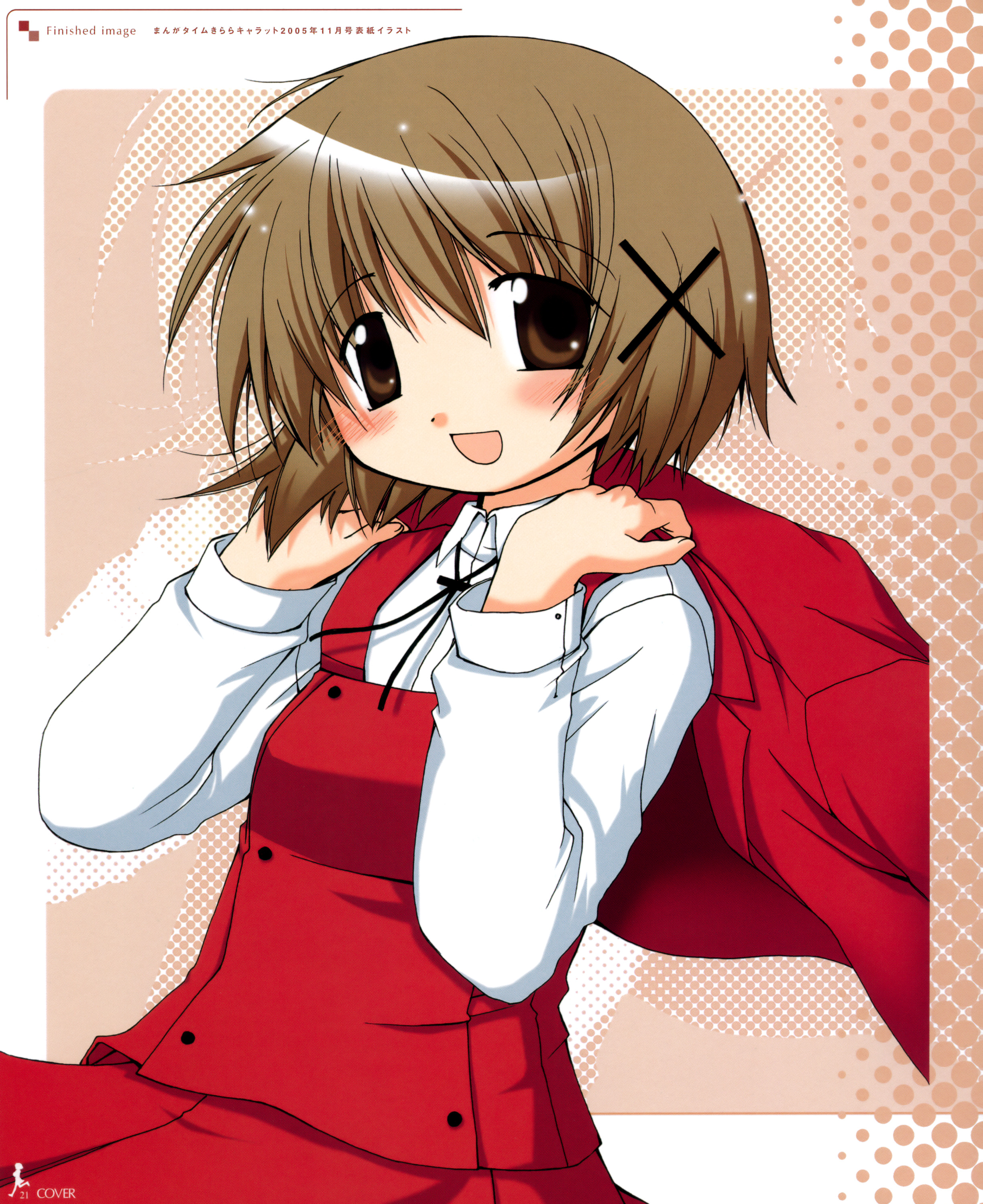 aoki ume, yuno (hidamari sketch), hidamari sketch, absurdres, highres, official art, scan, 00s, 1girl, blush, brown eyes, brown hair, female focus, hair ornament, looking at viewer, school uniform, serafuku, solo, yamabuki high school uniform