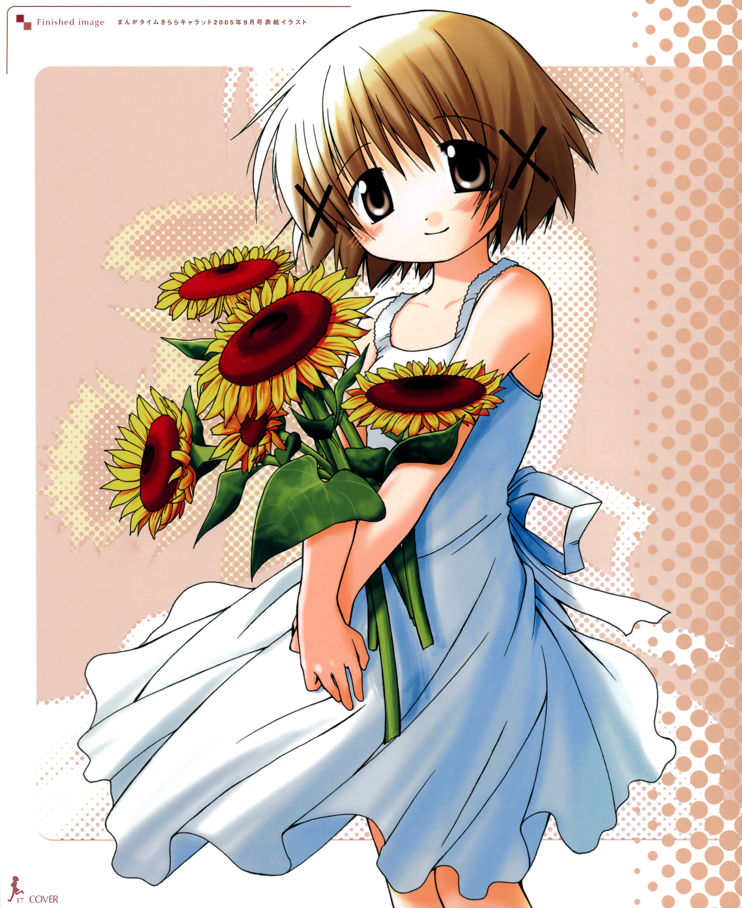 aoki ume, yuno (hidamari sketch), hidamari sketch, absurdres, highres, official art, scan, 00s, 1girl, bare arms, blush, brown eyes, brown hair, dress, female focus, flower, hair ornament, hairclip, halftone, halftone background, looking at viewer, pink background, short hair, sleeveless, sleeveless dress, smile, solo, sundress, sunflower, v arms, x hair ornament