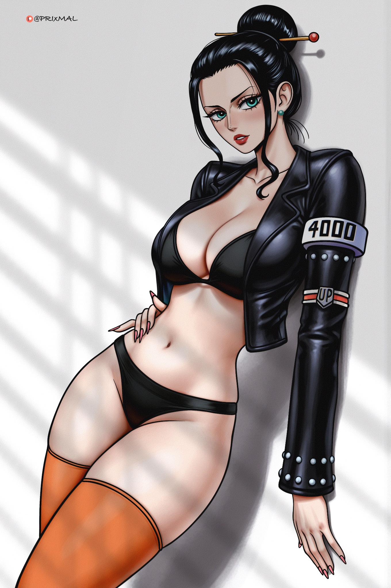 prixmal, nico robin, one piece, commentary, english commentary, highres, 1girl, bikini, black bikini, black hair, black jacket, blue eyes, breasts, chinese clothes, cleavage, cropped jacket, earrings, hair bun, hair ornament, hair stick, hand on own stomach, jacket, jewelry, large breasts, long sleeves, looking at viewer, navel, orange thighhighs, parted lips, patreon logo, patreon username, sidelocks, single hair bun, solo, stomach, swimsuit, thighhighs, twitter username