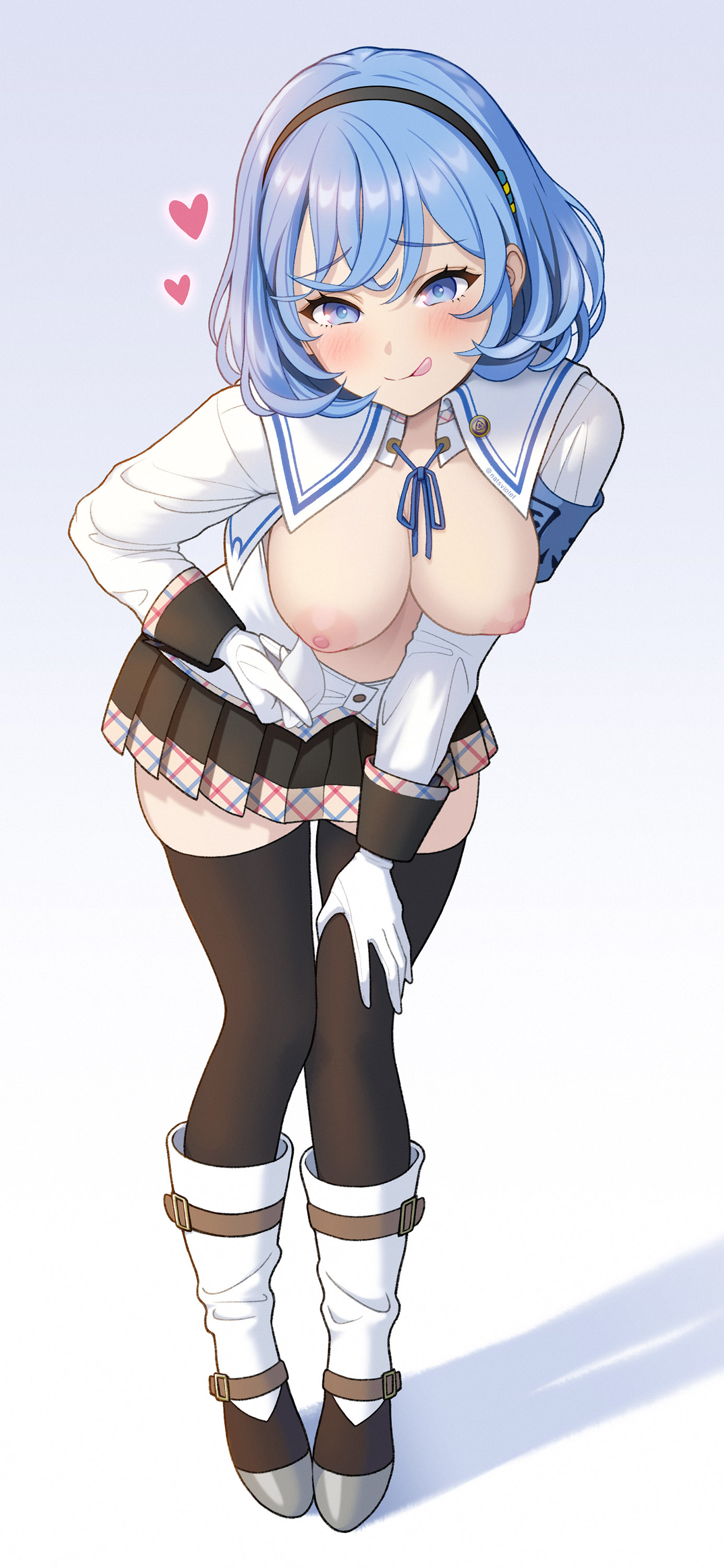 minamoto natsuki, onabuta ikuko, nukigee mitai na shima ni sunderu watashi wa dou surya ii desu ka?, absurdres, highres, 1girl, armband, black hairband, black skirt, black thighhighs, blue armband, blue eyes, blue hair, blue ribbon, blush, boots, breasts, collared shirt, gloves, hairband, heart, large breasts, long sleeves, looking at viewer, nipples, removing pasties, revealing clothes, ribbon, shirt, skirt, thighhighs, thighs, tongue, tongue out, white boots, white gloves, white shirt