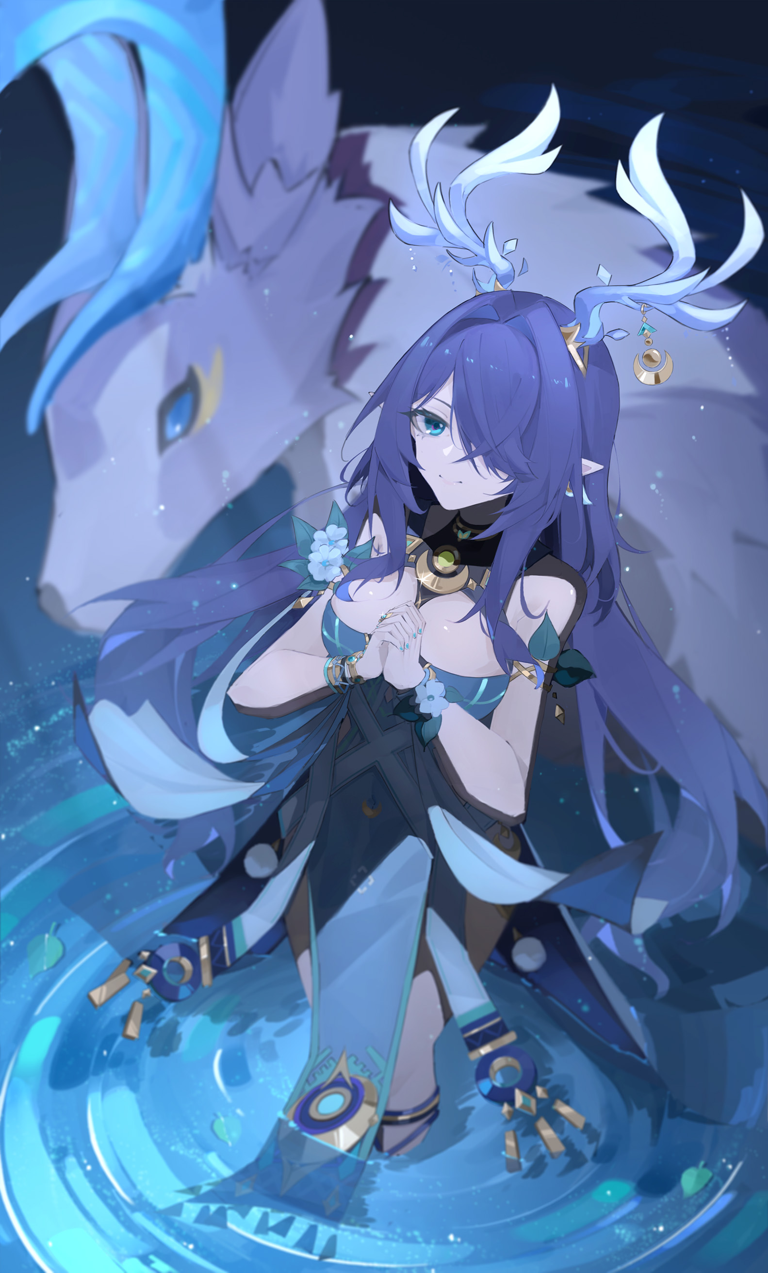l1an9 (user xdpk2425), lauma (genshin impact), genshin impact, absurdres, highres, 1girl, 1other, antlers, aqua nails, breasts, closed mouth, deer, dress, green dress, green eyes, hair over one eye, holding, holding hands, horns, large breasts, long hair, looking up, pelvic curtain, purple hair, reindeer antlers, sleeveless, sleeveless dress, very long hair, water