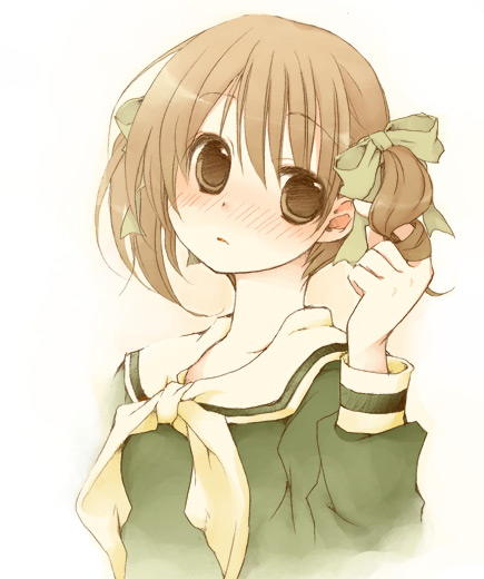 koshou shichimi, fukuzawa yumi, maria-sama ga miteru, eyebrows, 00s, 1girl, blush, bow, brown eyes, brown hair, female focus, green bow, green shirt, hair bow, head wings, long sleeves, looking at viewer, nose blush, shirt, simple background, solo, white background, wings