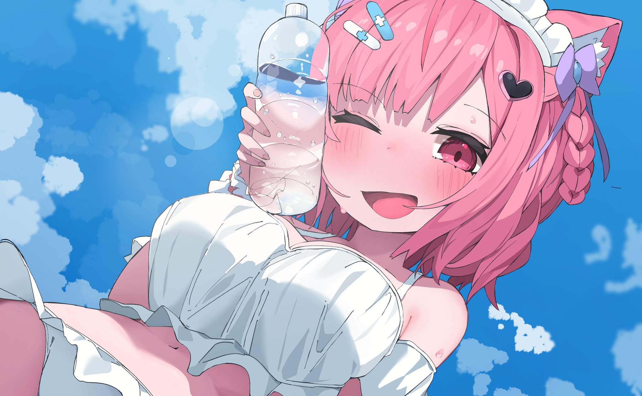 satoi itsuki, yuuki sakuna, indie virtual youtuber, highres, 1girl, animal ears, bandaid, bandaid hair ornament, bare shoulders, bikini, blue sky, blush, bottle, bottle to cheek, bow, braid, braided hair rings, breasts, cat ears, cat girl, cloud, cloudy sky, day, fingernails, hair bow, hair ornament, hair rings, holding, holding bottle, large breasts, looking at viewer, maid headdress, medium hair, nail polish, navel, one eye closed, open mouth, outdoors, pink eyes, pink hair, pink nails, purple bow, sky, smile, solo, stomach, sweat, swimsuit, thighs, virtual youtuber, water bottle, white bikini, white wrist cuffs, wrist cuffs