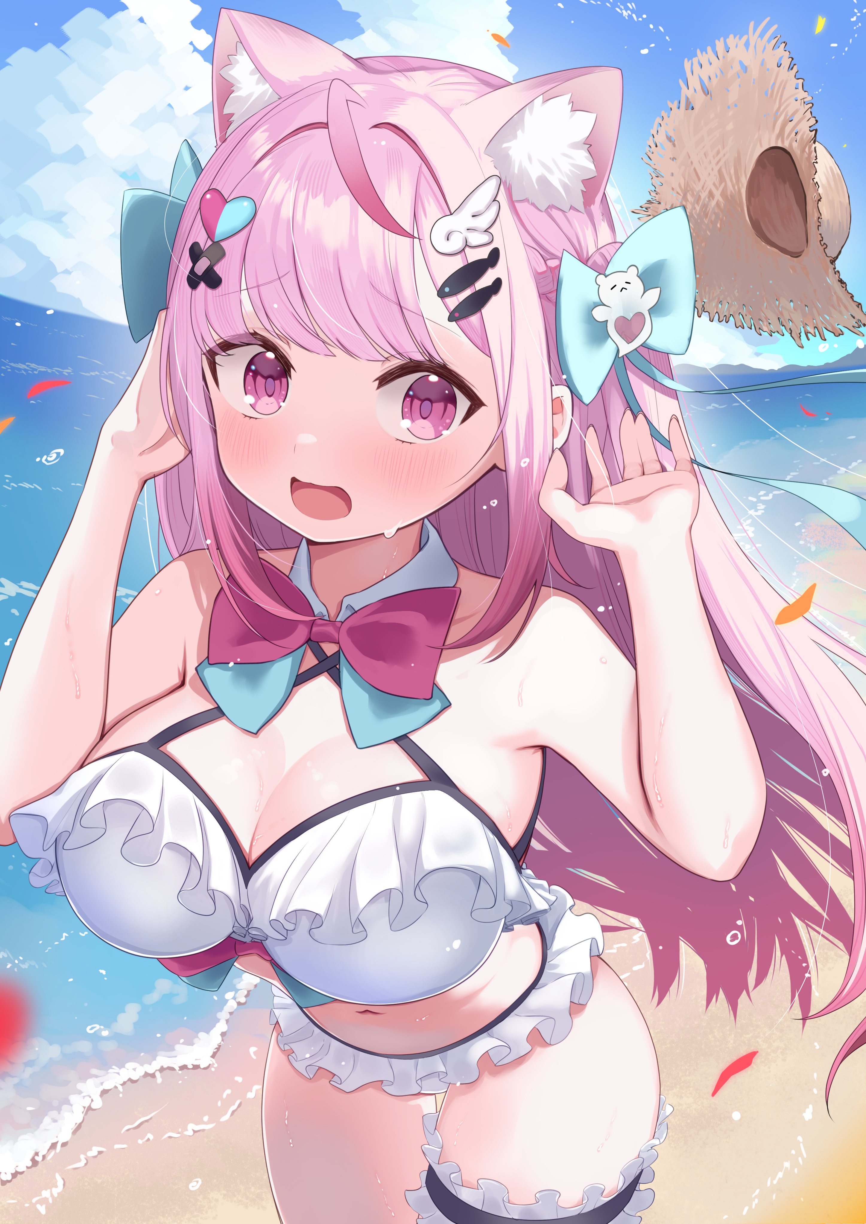 yamato1001 1214, yuuki sakuna, indie virtual youtuber, absurdres, commentary, highres, 1girl, animal ears, bandaid, bandaid hair ornament, bare shoulders, beach, bikini, blue bow, blue bowtie, blue sky, blush, bow, bowtie, braid, breasts, cat ears, cat girl, cloud, cloudy sky, collar, collarbone, crossed bandaids, day, detached collar, extra ears, fish hair ornament, frilled bib, frilled thigh strap, ghost hair ornament, hair bow, hair ornament, hairclip, hat, large breasts, long hair, navel, ocean, open mouth, outdoors, pink bow, pink bowtie, pink eyes, pink hair, sand, sky, solo, stomach, straw hat, swimsuit, thigh strap, thighs, two-tone bow, two-tone bowtie, unworn hat, unworn headwear, virtual youtuber, white bikini, white collar, wind, wing hair ornament