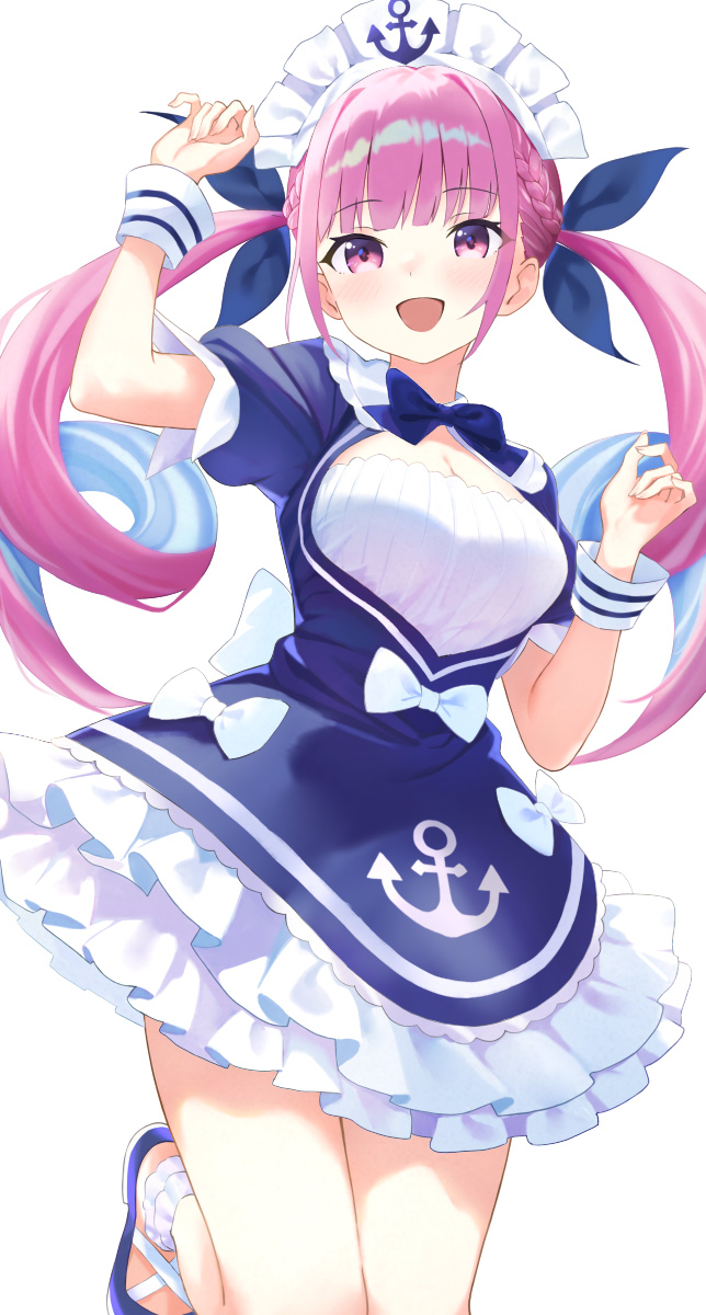 fuji noyume, minato aqua, minato aqua (1st costume), hololive, commentary, highres, revision, symbol-only commentary, 1girl, anchor hat ornament, anchor symbol, ankle cuffs, arm up, arms up, blue bow, blue bowtie, blue dress, blue hair, blue ribbon, blush, bow, bowtie, braid, breasts, cleavage, colored inner hair, curly hair, dress, feet up, frilled anklet, frilled dress, frills, hair ribbon, hat ornament, layered dress, long hair, maid, maid headdress, multicolored hair, open mouth, pink eyes, pink hair, ribbon, short sleeves, smile, solo, streaked hair, thighs, twintails, two-tone hair, virtual youtuber, white ankle cuffs, white background, white bow, white wrist cuffs, wrist cuffs
