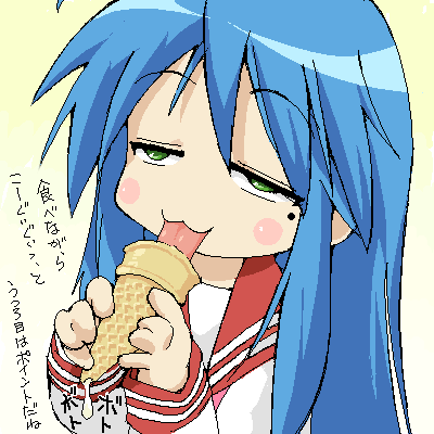 izumi konata, lucky star, artist request, lowres, translation request, 00s, 1girl, blue hair, female focus, food, green eyes, ice cream, licking, mole, mole under eye, oekaki, sexually suggestive, solo, torogao, upper body