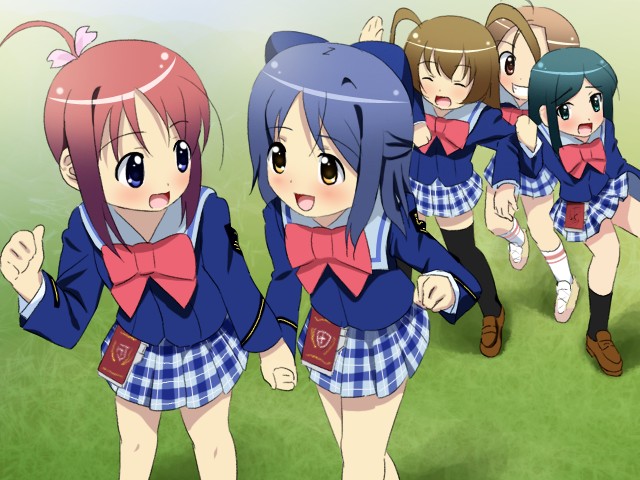 sanshita, amamiya manami, etou mei, inamori mika, odori momoha, uehara mutsuki, gakuen utopia manabi straight!, 00s, 5girls, bow, multiple girls, pink bow, plaid clothes, plaid skirt, school uniform, serafuku, skirt