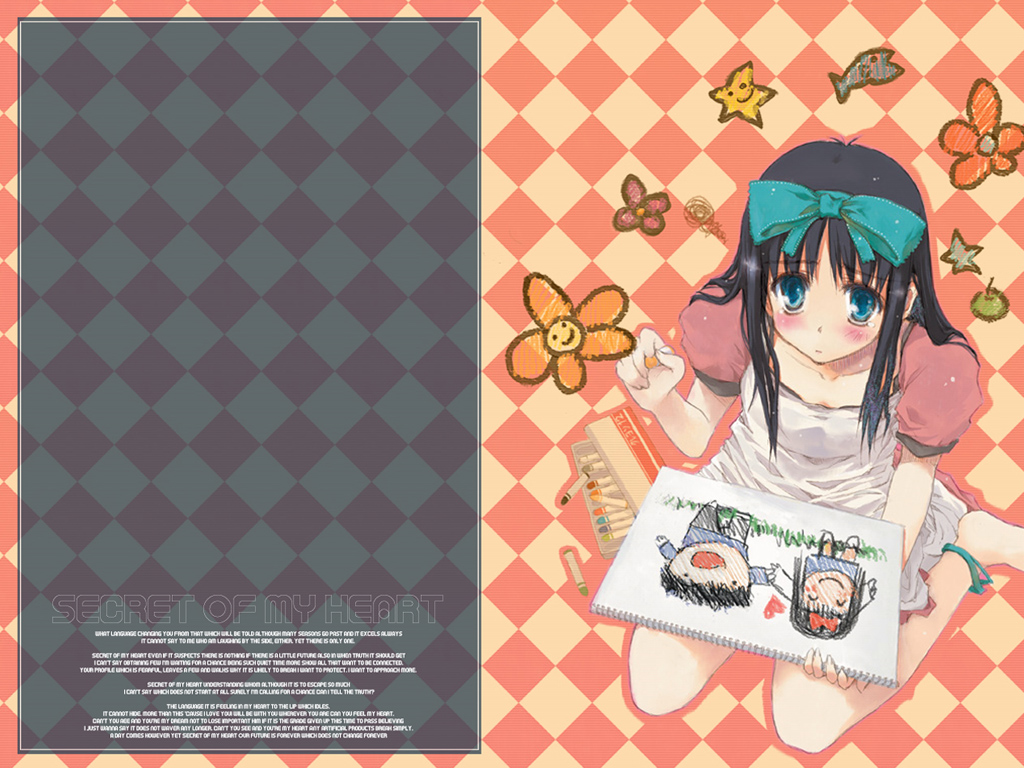 tohno akiha, tohno shiki, tsukihime, drawing, 00s, 1girl, aged down, black hair, blue eyes, blush, child's drawing, crayon, female focus, hair ribbon, long hair, ribbon, sitting, sketchbook, solo, squiggle