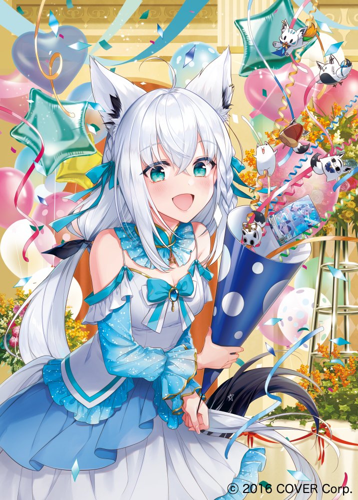 yukiko (tesseract), fubuzilla (shirakami fubuki), miteiru (shirakami fubuki), nejima kitsune (shirakami fubuki), oruyanke (shirakami fubuki), shirakami fubuki, sukonbu (shirakami fubuki), hololive, commentary request, official art, 1girl, :d, ahoge, animal ear fluff, animal ear piercing, animal ears, aqua eyes, aqua sleeves, balloon, black ribbon, braid, breasts, brooch, chest bow, cleavage, confetti, copyright notice, crossed bangs, detached collar, double-parted bangs, dress, extra ears, fox ears, fox girl, fox tail, frilled dress, frills, gold trim, hair between eyes, hair ribbon, heart balloon, holding, holding party popper, indoors, jewelry, layered dress, long hair, looking at viewer, low ponytail, medium breasts, off-shoulder dress, off shoulder, open mouth, party popper, pentagram, ponytail, ribbon, side braid, smile, solo, star balloon, tail, teeth, very long hair, virtual youtuber, white dress, white hair