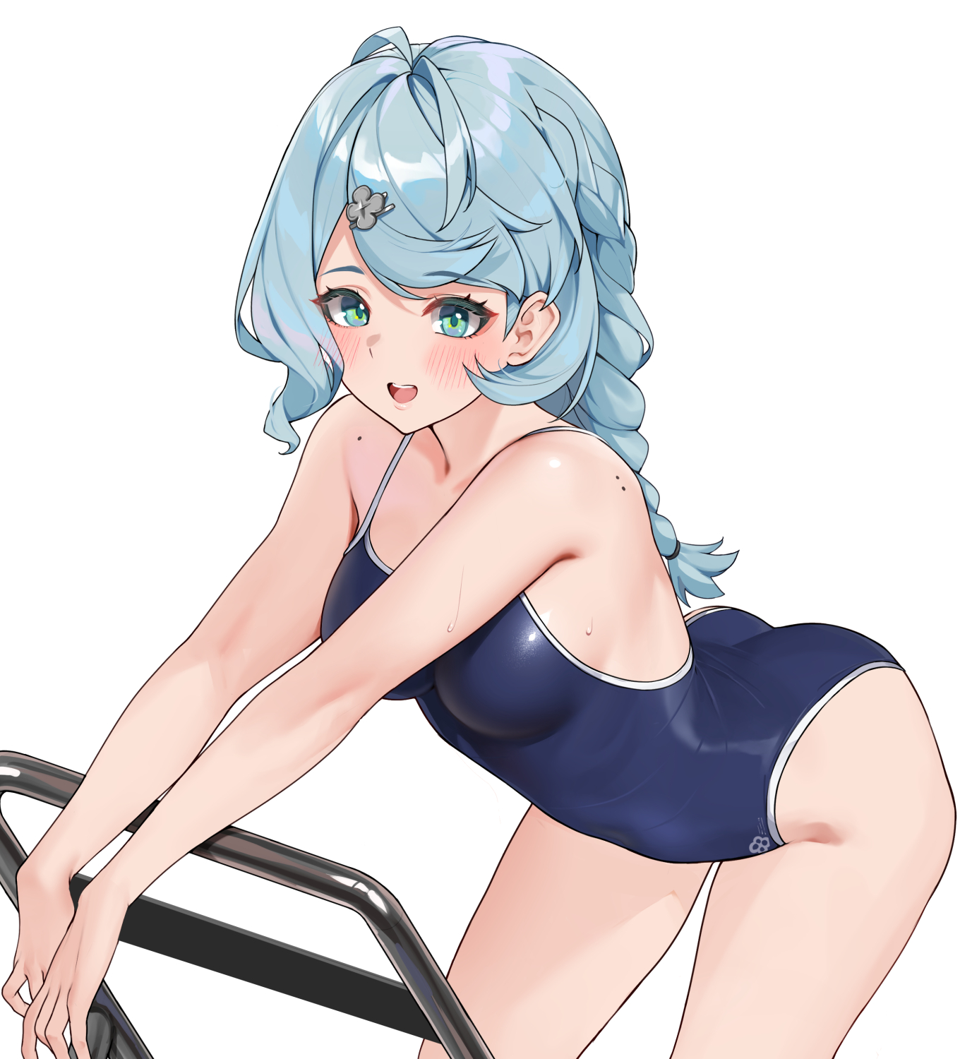 matrix16, seed (zenless zone zero), zenless zone zero, highres, 1girl, ahoge, blue eyes, blue hair, blue one-piece swimsuit, braid, breasts, chair, competition school swimsuit, feet out of frame, folding chair, leaning forward, long hair, looking at viewer, medium breasts, one-piece swimsuit, school swimsuit, simple background, single braid, solo, swimsuit, white background
