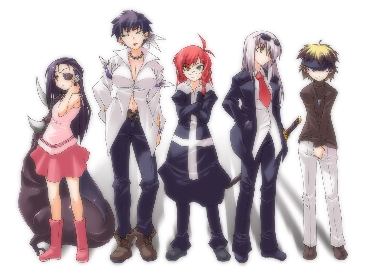 akane yuki, ghost in the shell, ghost in the shell: stand alone complex, 1boy, 5girls, bandana, black hair, blonde hair, breasts, cleavage, eyepatch, ghost in the shell lineup, glasses, headband, heterochromia, large breasts, lineup, long hair, midriff, multiple girls, necktie, parody, red hair, short hair, simple background, skirt, sword, weapon, white hair