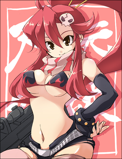tooya, touya (the-moon), yoko littner, tengen toppa gurren lagann, 00s, bikini, bikini top only, black bikini, elbow gloves, gloves, short shorts, shorts, solo, swimsuit, thighhighs