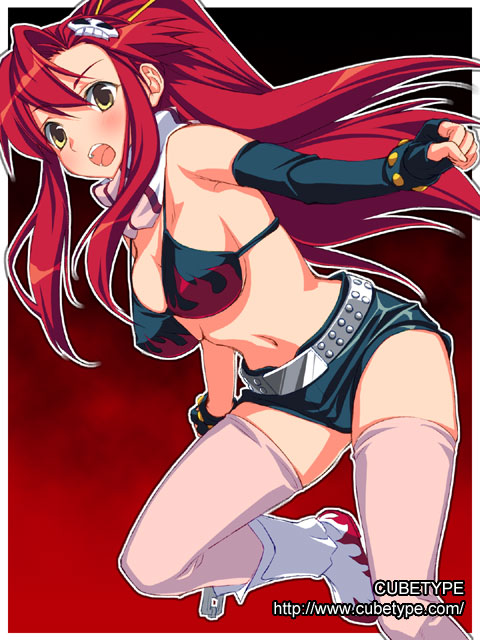 yuuki keisuke, yoko littner, tengen toppa gurren lagann, 00s, asymmetrical bangs, asymmetrical gloves, bikini, bikini top only, gloves, outline, outside border, pink thighhighs, short shorts, shorts, solo, swimsuit, thighhighs, uneven gloves, watermark, web address, white outline
