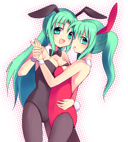 subaru (yachika), sonozaki mion, sonozaki shion, higurashi no naku koro ni, 00s, 2girls, animal ears, aqua eyes, aqua hair, bare shoulders, bow, bowtie, breasts, cleavage, fake animal ears, green eyes, green hair, happy, holding hands, hug, imminent kiss, incest, multiple girls, open mouth, pantyhose, playboy bunny, ponytail, rabbit ears, rabbit tail, shy, siblings, sisters, smile, tail, twincest, twins, wrist cuffs, yuri