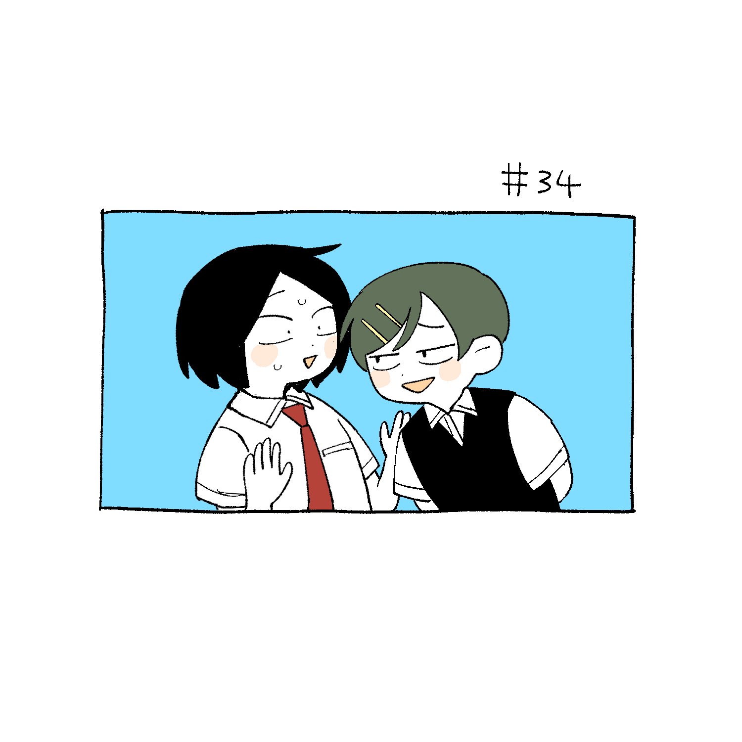 inusuki kogeta, kouyama rin, taguchi ryuuya, futsuu no keion-bu, small pupils, commentary request, highres, 1boy, 1girl, :d, arms behind back, black hair, black sweater vest, blue background, blush, breast pocket, chibi, chibi only, collared shirt, cousins, dress shirt, flat color, green hair, hair ornament, hairpin, hands up, necktie, nervous, nervous sweating, open mouth, parted bangs, pixie cut, pocket, red necktie, school uniform, shirt, short hair, short sleeves, smile, smug, sweat, sweater vest, upper body, white shirt
