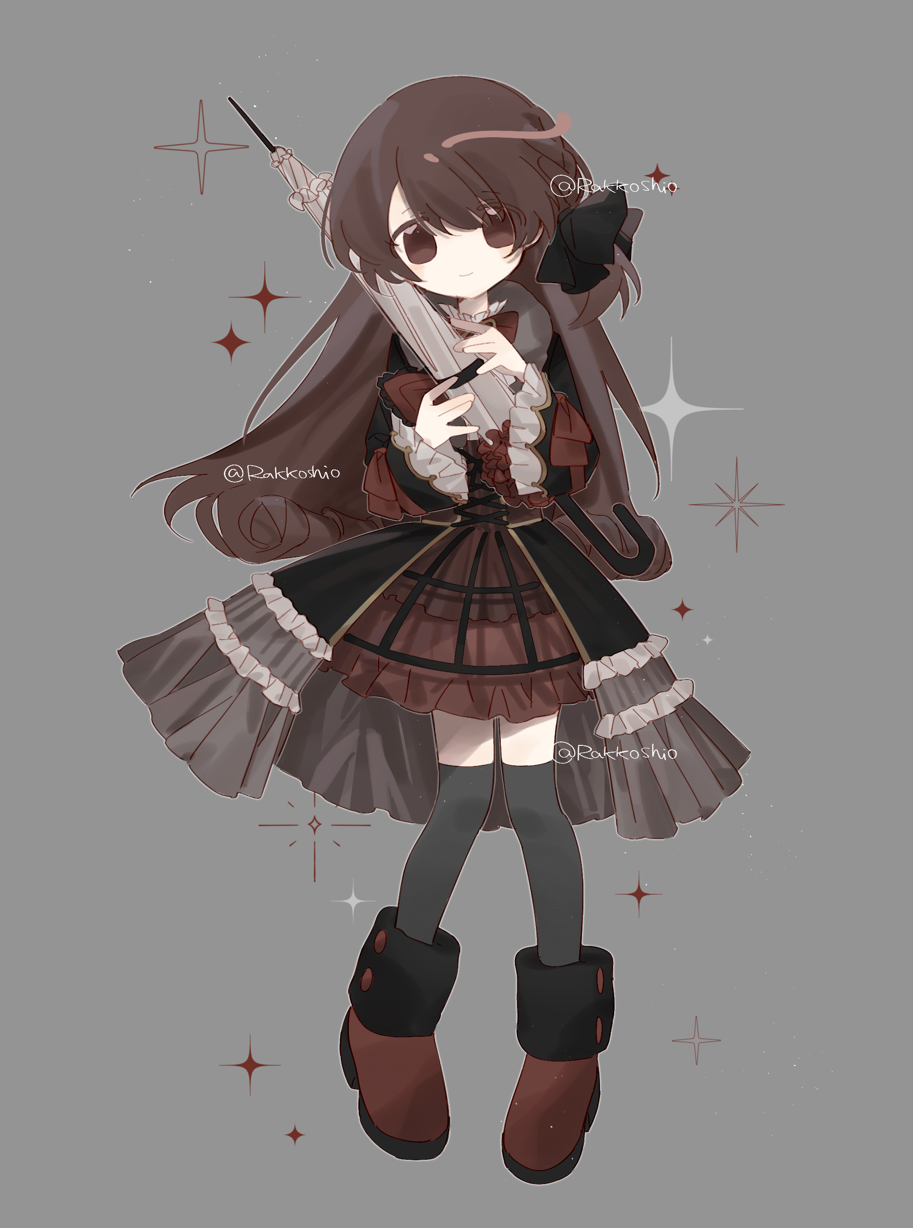 rakko shionigiri, satomi touka, magia record: mahou shoujo madoka magica gaiden, mahou shoujo madoka magica, mahou shoujo madoka magica magia exedra, absurdres, highres, 1girl, black bow, black bowtie, black thighhighs, bow, bowtie, braid, brown eyes, brown hair, curly hair, dress, frilled dress, frilled sleeves, frills, goth fashion, gothic lolita, lolita fashion, long hair, magical girl, smile, thighhighs, umbrella