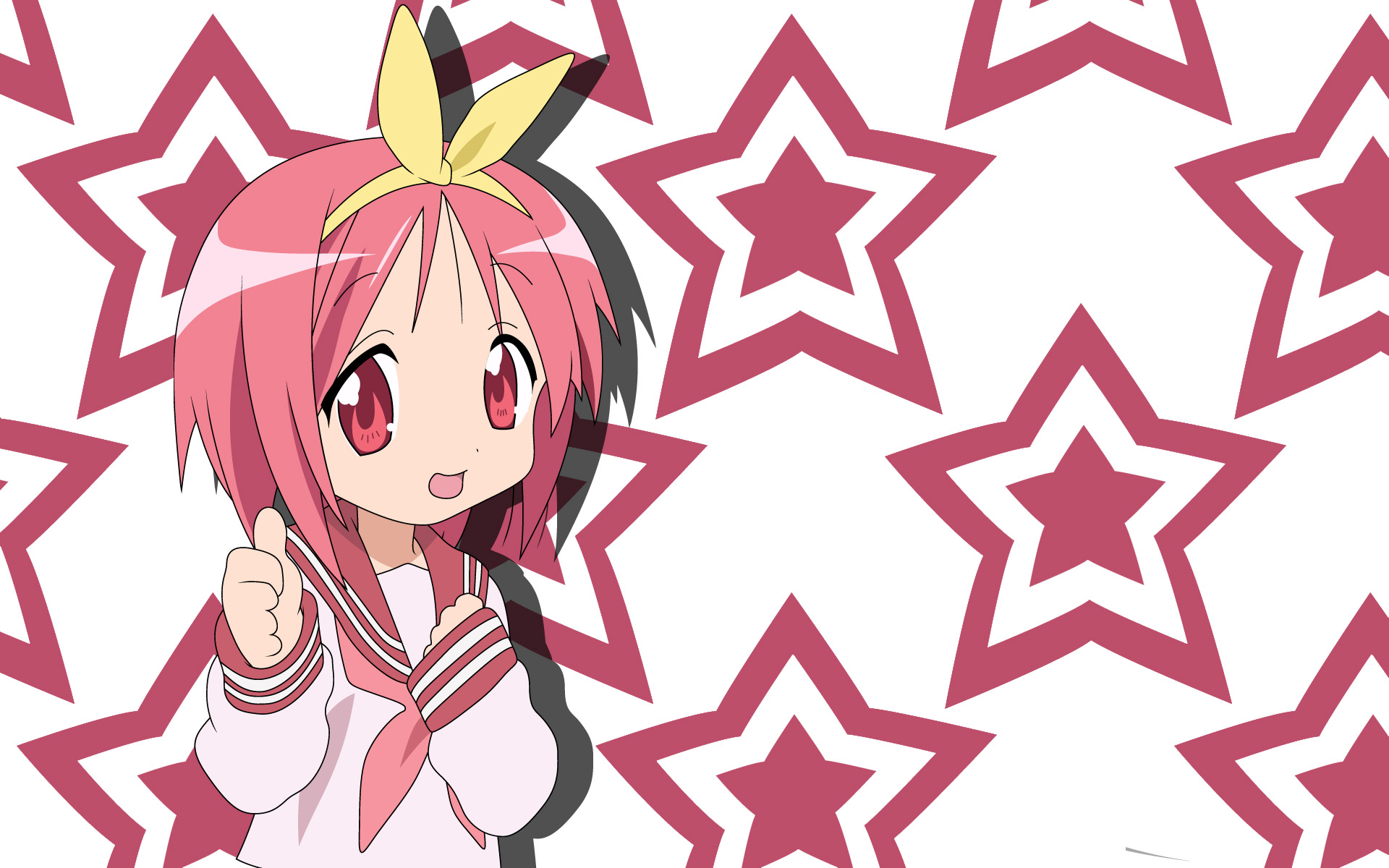kamigishi akari, lucky star, to heart, to heart (series), derivative work, highres, vector trace, 1girl, bow, female focus, parody, solo, star (symbol), star symbol background, thumbs up, yellow bow