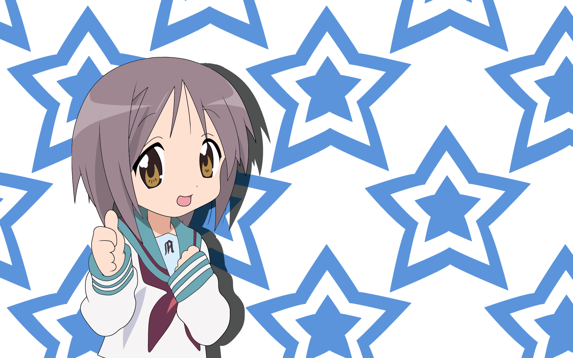 nagato yuki, lucky star, suzumiya haruhi no yuuutsu, derivative work, highres, vector trace, 00s, 1girl, blue sailor collar, crossover, female focus, long sleeves, parody, sailor collar, school uniform, serafuku, solo, star (symbol), star symbol background, thumbs up