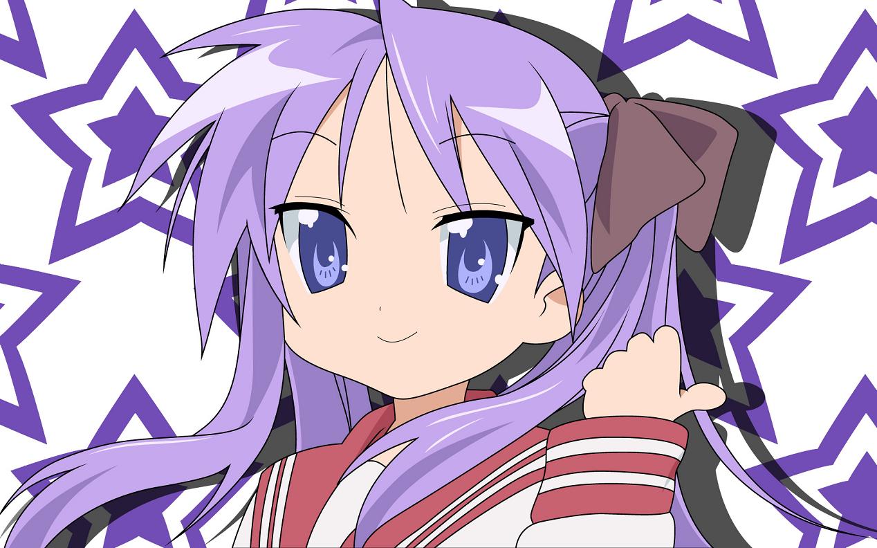 hiiragi kagami, lucky star, eyebrows, derivative work, vector trace, 00s, 1girl, black ribbon, blue eyes, blush, female focus, hair ribbon, long hair, long sleeves, pink hair, pointing, ribbon, sailor collar, school uniform, serafuku, shirt, sidelocks, solo, star (symbol), upper body, white shirt