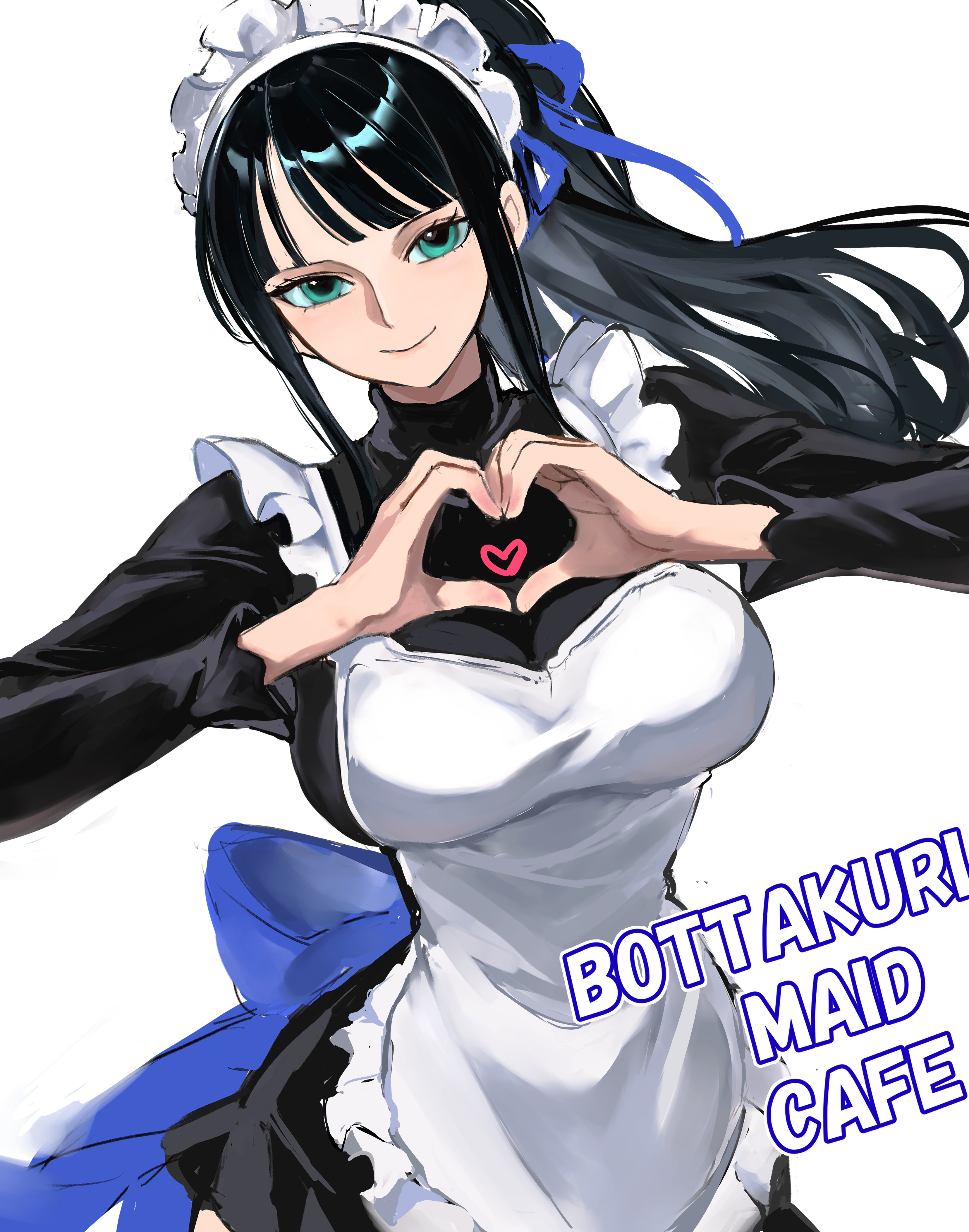 kasumi 6, nico robin, one piece, absurdres, commentary, highres, 1girl, apron, black dress, black hair, black shirt, blue eyes, blunt bangs, bow, breasts, closed mouth, dress, english text, frilled apron, frills, hair ornament, heart, heart hands, large breasts, long hair, looking at viewer, maid, maid apron, maid headdress, ponytail, shirt, simple background, smile, solo, white background