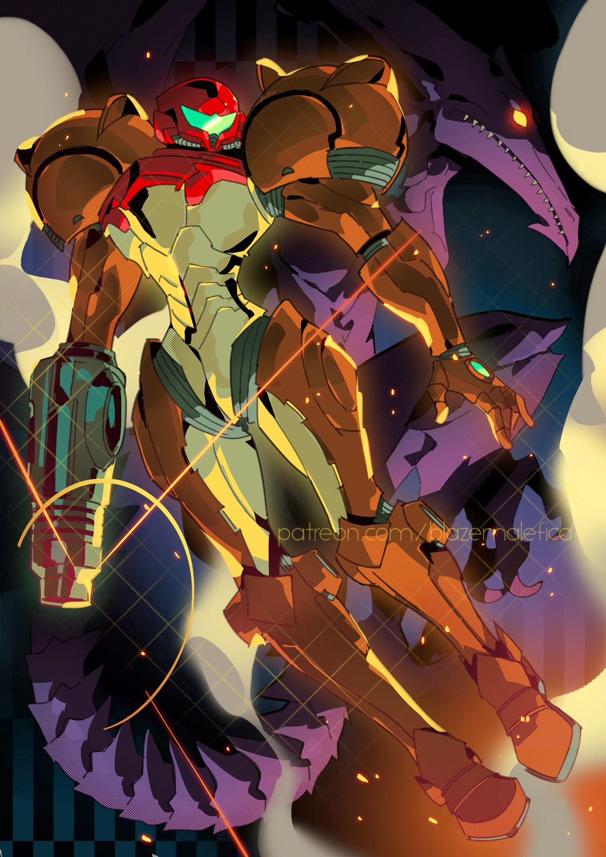 blazemalefica, ridley, samus aran, metroid, nintendo, highres, 1boy, 1girl, arm cannon, armor, dragon, green visor, patreon username, power suit (metroid), shoulder armor, varia suit, weapon, yellow eyes
