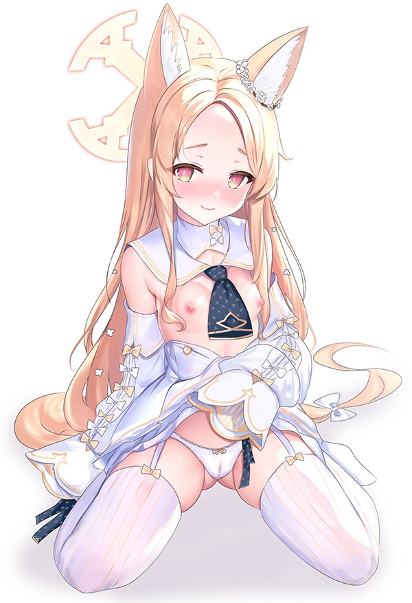 rikatan, seia (blue archive), blue archive, 1girl, animal ear fluff, animal ears, blonde hair, breasts, breasts out, clothes lift, cross halo, detached sleeves, dress, ear wreath, forehead, fox ears, fox girl, full body, halo, lifting own clothes, long hair, looking at viewer, necktie, panties, pantyhose, sailor collar, short necktie, sitting, skirt, skirt lift, sleeves past wrists, small breasts, smile, solo, striped clothes, striped pantyhose, underwear, vertical-striped clothes, vertical-striped pantyhose, wariza, white background, white dress, white panties, white sailor collar, yellow halo