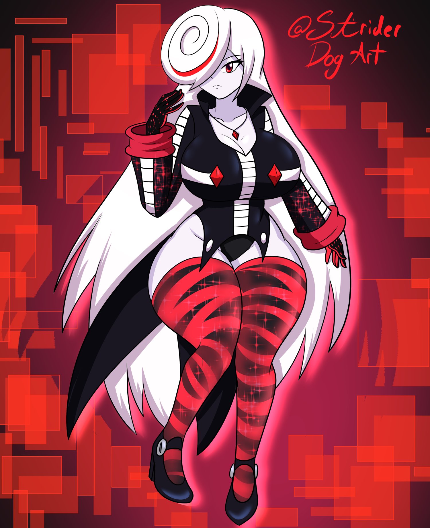 striderdogart, sage (sonic), sonic (series), highres, 1girl, aged up, alternate design, black dress, breasts, closed mouth, cyberspace, digital dissolve, dress, floating, full body, glitch, gloves, hair over one eye, large breasts, long sleeves, looking at viewer, multicolored hair, one eye covered, red eyes, red hair, solo, white hair