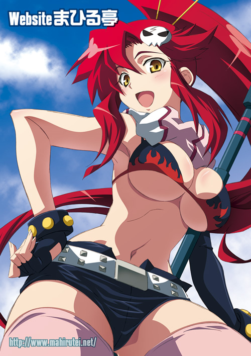 izumi mahiru, yoko littner, tengen toppa gurren lagann, 00s, 1girl, bikini, bikini top only, breasts, cleavage, female focus, hair ornament, hairclip, large breasts, long hair, ponytail, red hair, short shorts, shorts, solo, swimsuit, thighhighs, underboob, yellow eyes