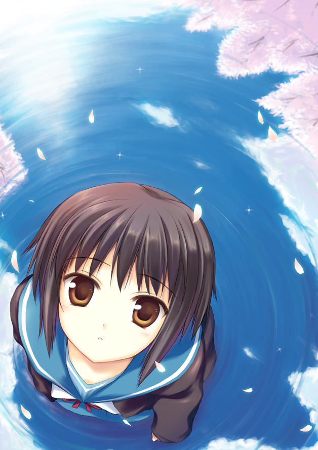 hinooka shuuji, nagato yuki, suzumiya haruhi no yuuutsu, 00s, 1girl, cloud, female focus, foreshortening, reflection, ripples, school uniform, serafuku, sky, solo