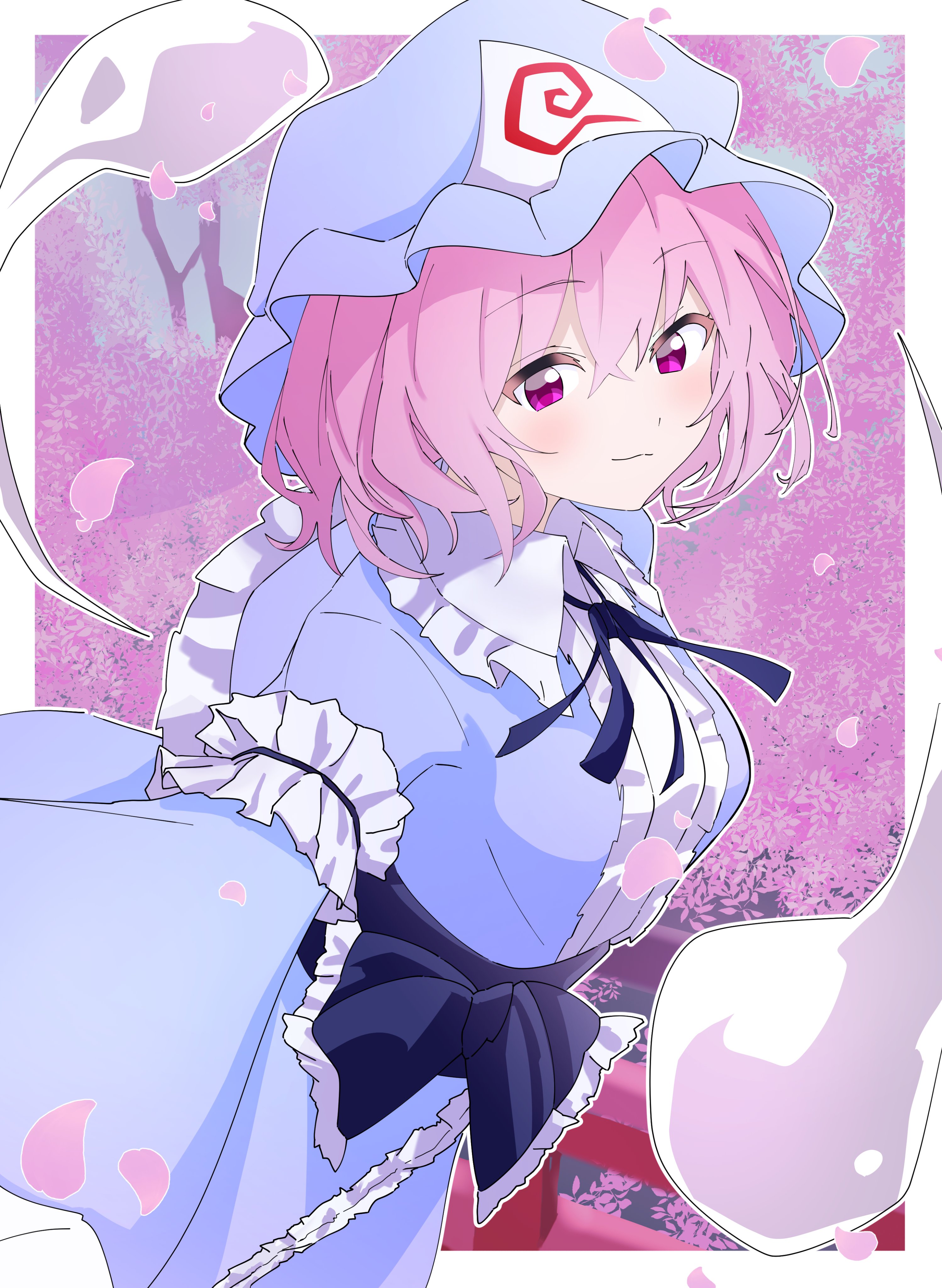 saigyouji yuyuko, touhou, absurdres, hashtag-only commentary, highres, 1girl, aoi 1013ss, blue dress, blue hat, blue ribbon, border, cherry blossoms, crossed bangs, dress, falling petals, frilled dress, frills, from side, ghost, hat, looking at viewer, mob cap, neck ribbon, outside border, petals, pink eyes, pink hair, ribbon, short hair, solo, torii, white border