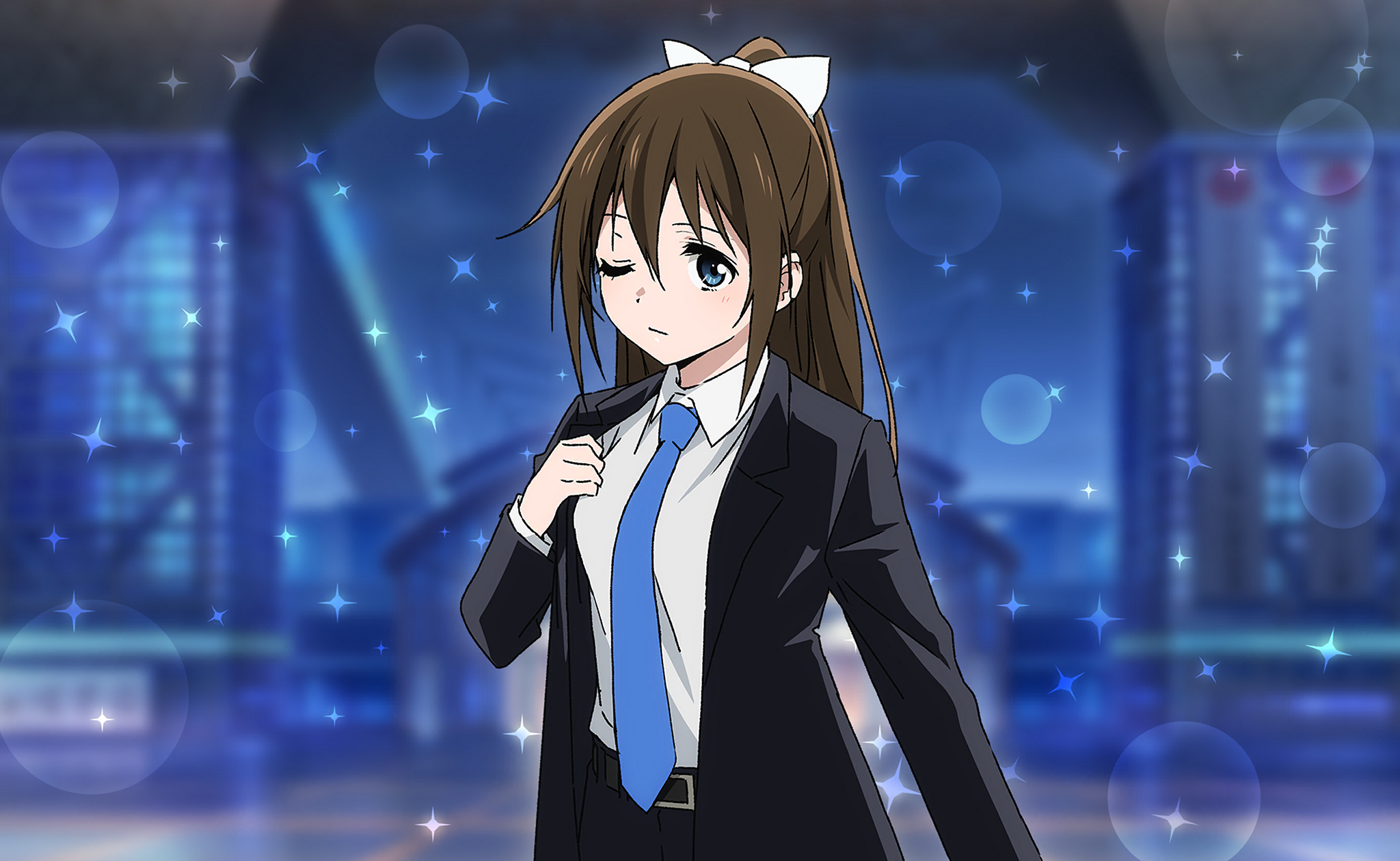osaka shizuku, love live!, love live! nijigasaki high school idol club, love live! school idol festival 2, highres, official art, 1girl, arm at side, belt, belt buckle, black belt, black jacket, black pants, black suit, blue eyes, blue necktie, blurry, blurry background, bokeh, bow, breasts, brown hair, buckle, building, business suit, closed mouth, clothes grab, cloud, collared shirt, depth of field, formal clothes, hair between eyes, hair bow, hair ribbon, half updo, hand up, jacket, light blush, long hair, long sleeves, looking at viewer, medium breasts, necktie, night, night sky, one eye closed, open clothes, pants, ribbon, shirt, sidelocks, sky, solo, sparkle, suit, upper body, white ribbon, white shirt
