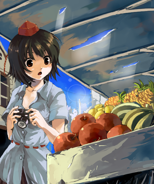 kusanagi kikoku, shameimaru aya, touhou, looking away, 1girl, black hair, camera, female focus, food, fruit, hat, open mouth, red eyes, solo, tokin hat