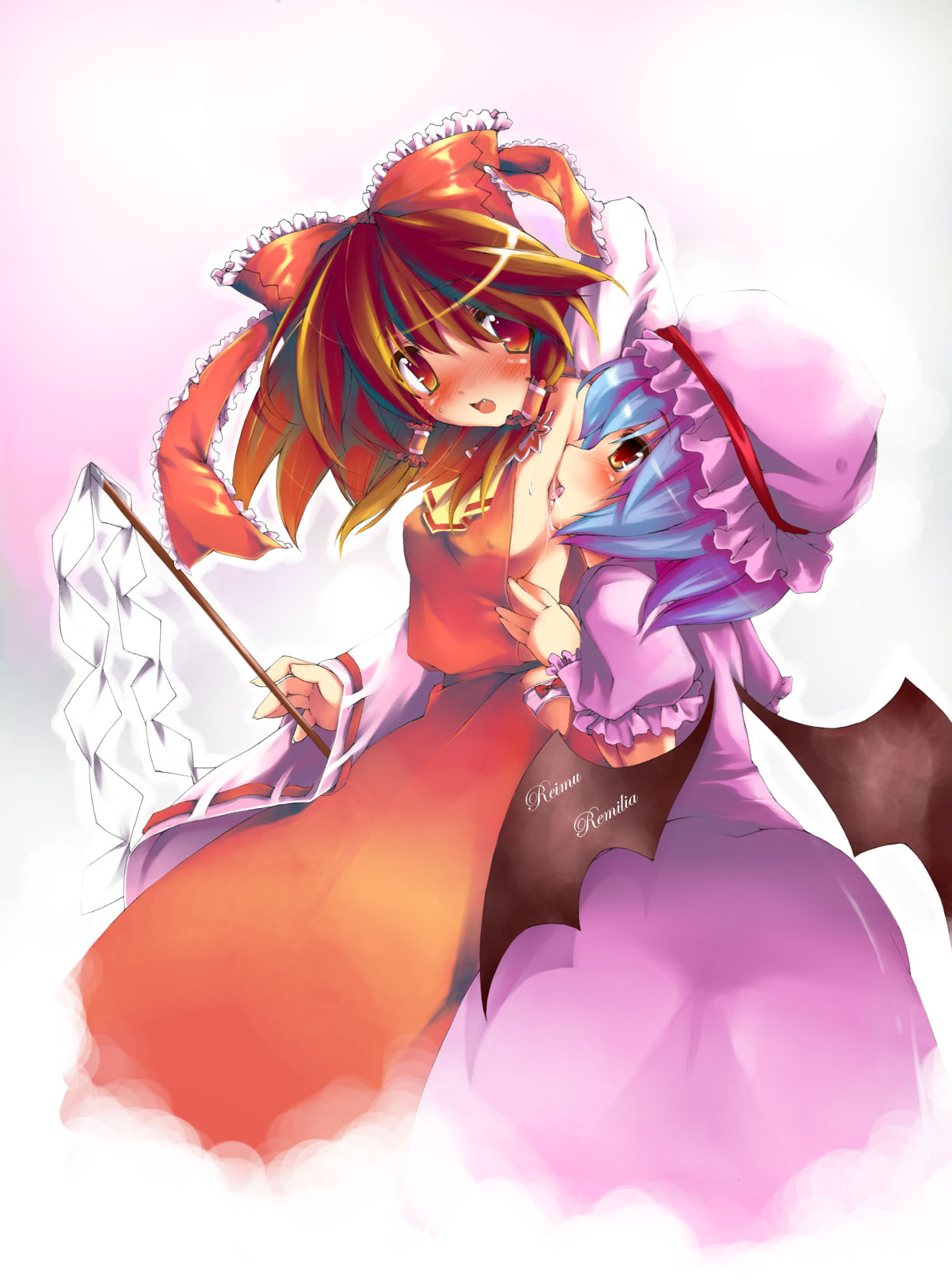 ren san, hakurei reimu, remilia scarlet, touhou, highres, 2girls, arm up, armpits, bat wings, blue hair, breasts, brown eyes, brown hair, detached sleeves, dress, female focus, hat, licking, licking armpit, multiple girls, pink hat, red eyes, ribbon, sideboob, wings