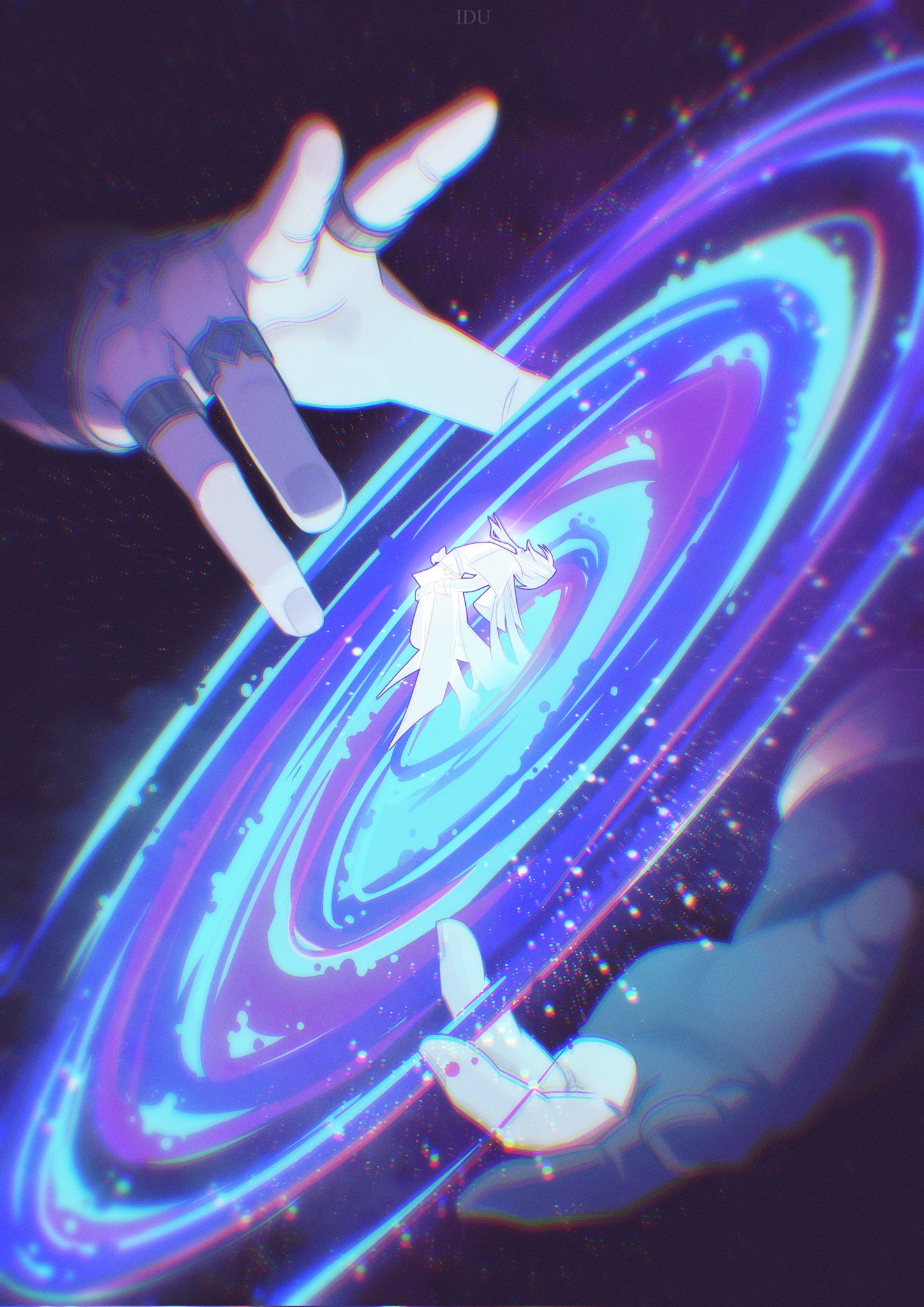 idutudu, anaxa (honkai: star rail), honkai: star rail, honkai (series), character request, highres, 2others, bent back, blurry edges, chromatic aberration, dress, faceless, galaxy, jewelry, long hair, mini person, multiple others, multiple rings, object floating above hand, outstretched hand, ring, silhouette, size difference, sky, space, spread fingers, star (sky), starry sky