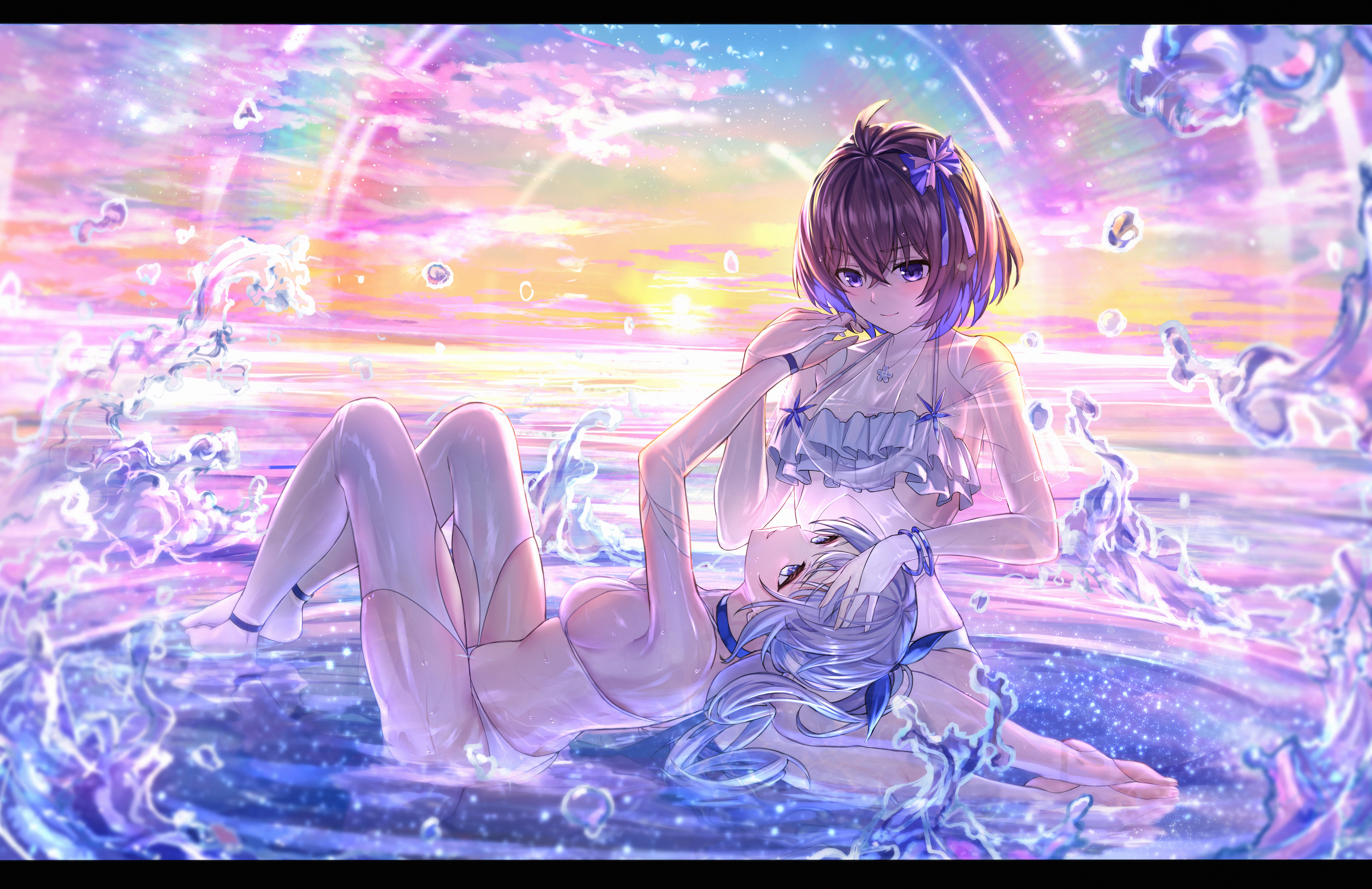 geez, bronya zaychik, seele vollerei, honkai: star rail, honkai (series), honkai impact 3rd, absurdres, highres, 2girls, bikini, blush, brace, breasts, brown hair, closed mouth, frilled bikini, frills, grey hair, hair between eyes, lap pillow, long hair, looking at another, lying, medium breasts, multiple girls, on back, purple eyes, rainbow, short hair, sideboob, sitting, smile, sunset, swimsuit, thighhighs, water, white bikini, white thighhighs, yokozuwari, yuri
