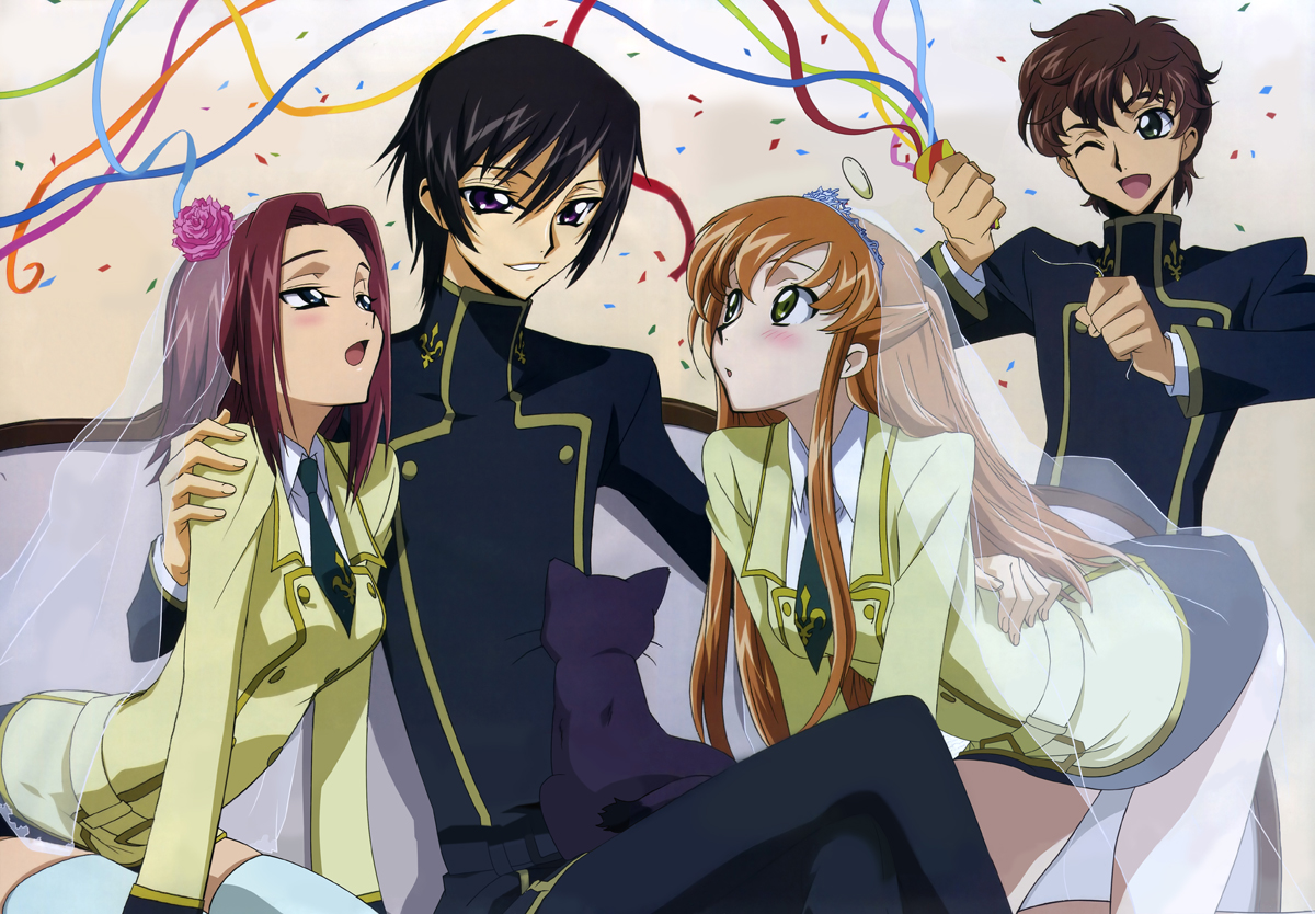 shingou yasushi, kouzuki kallen, kururugi suzaku, lelouch vi britannia, shirley fenette, code geass, 00s, 2boys, 2girls, multiple boys, multiple girls, school uniform, serafuku, thighhighs, veil