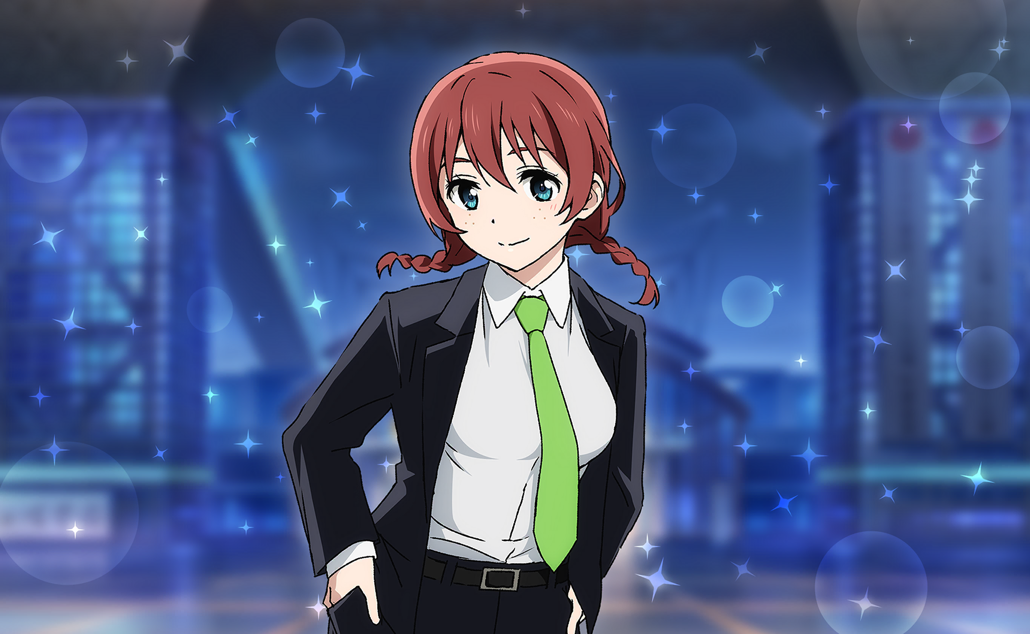 emma verde, love live!, love live! nijigasaki high school idol club, love live! school idol festival 2, highres, official art, 1girl, anime coloring, belt, belt buckle, black belt, black pants, black suit, blue eyes, blurry, blurry background, blush, bokeh, braid, breasts, brown hair, buckle, building, business suit, closed mouth, cloud, collared shirt, depth of field, formal clothes, freckles, green necktie, hair between eyes, hands in pockets, long sleeves, looking at viewer, medium hair, necktie, night, night sky, open clothes, pants, shirt, sky, solo, sparkle, suit, twin braids, upper body, white shirt
