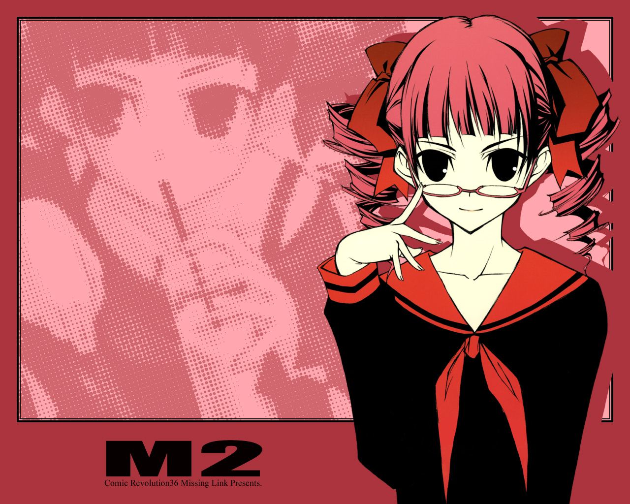 shingo (missing link), matsudaira touko, maria-sama ga miteru, 00s, 1girl, drill hair, glasses, red theme