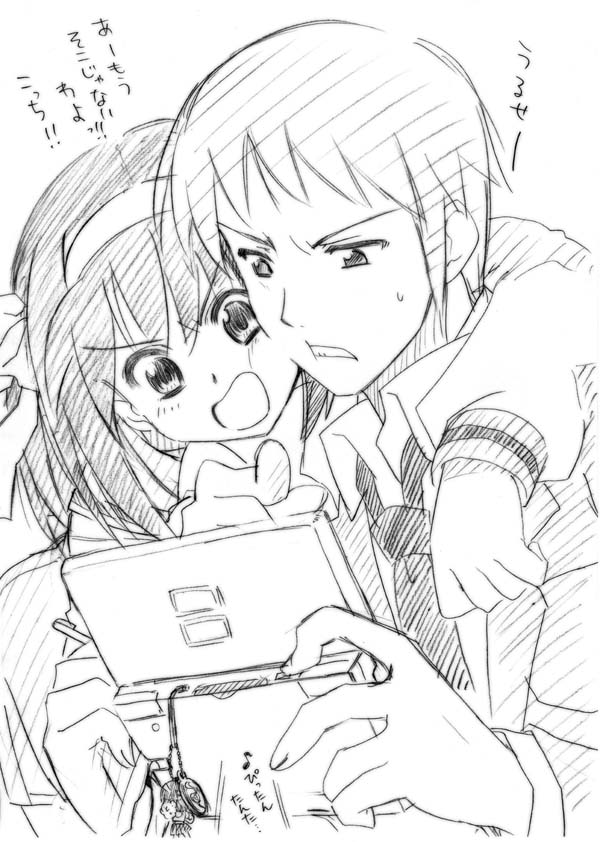 raamen, kyon, suzumiya haruhi, suzumiya haruhi no yuuutsu, 00s, 1boy, 1girl, blunt bangs, blush, expressionless, greyscale, hairband, handheld game console, long sleeves, monochrome, nintendo ds, playing games, short hair, simple background, sketch, sweatdrop, upper body, white background