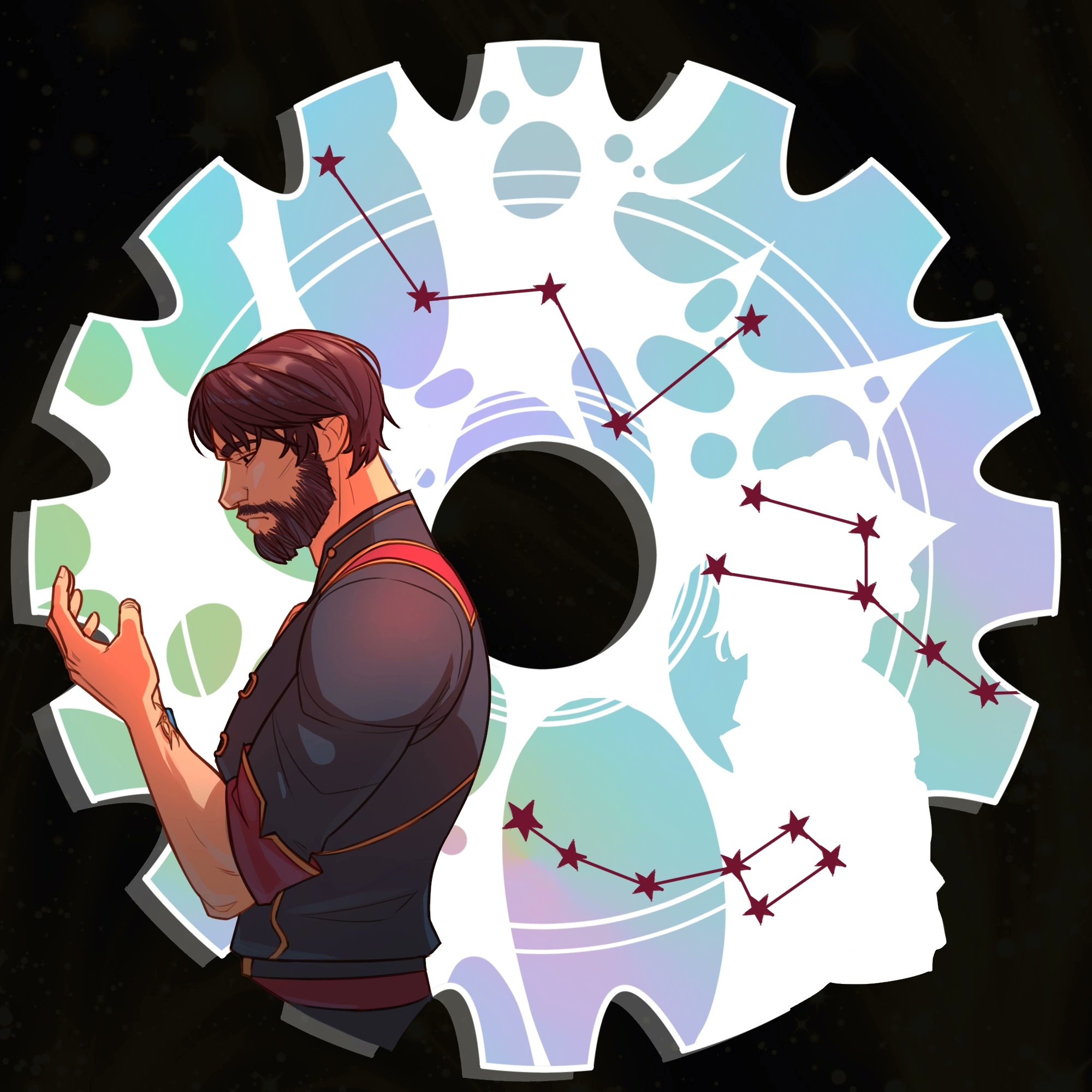 idutudu, arcane jayce, jayce (league of legends), arcane: league of legends, league of legends, highres, 1boy, 1other, abstract, beard, black shirt, border, brown hair, constellation, facial hair, gears, hand up, looking at hand, male focus, ornate border, shirt, short hair, silhouette, sleeves rolled up, superimposition