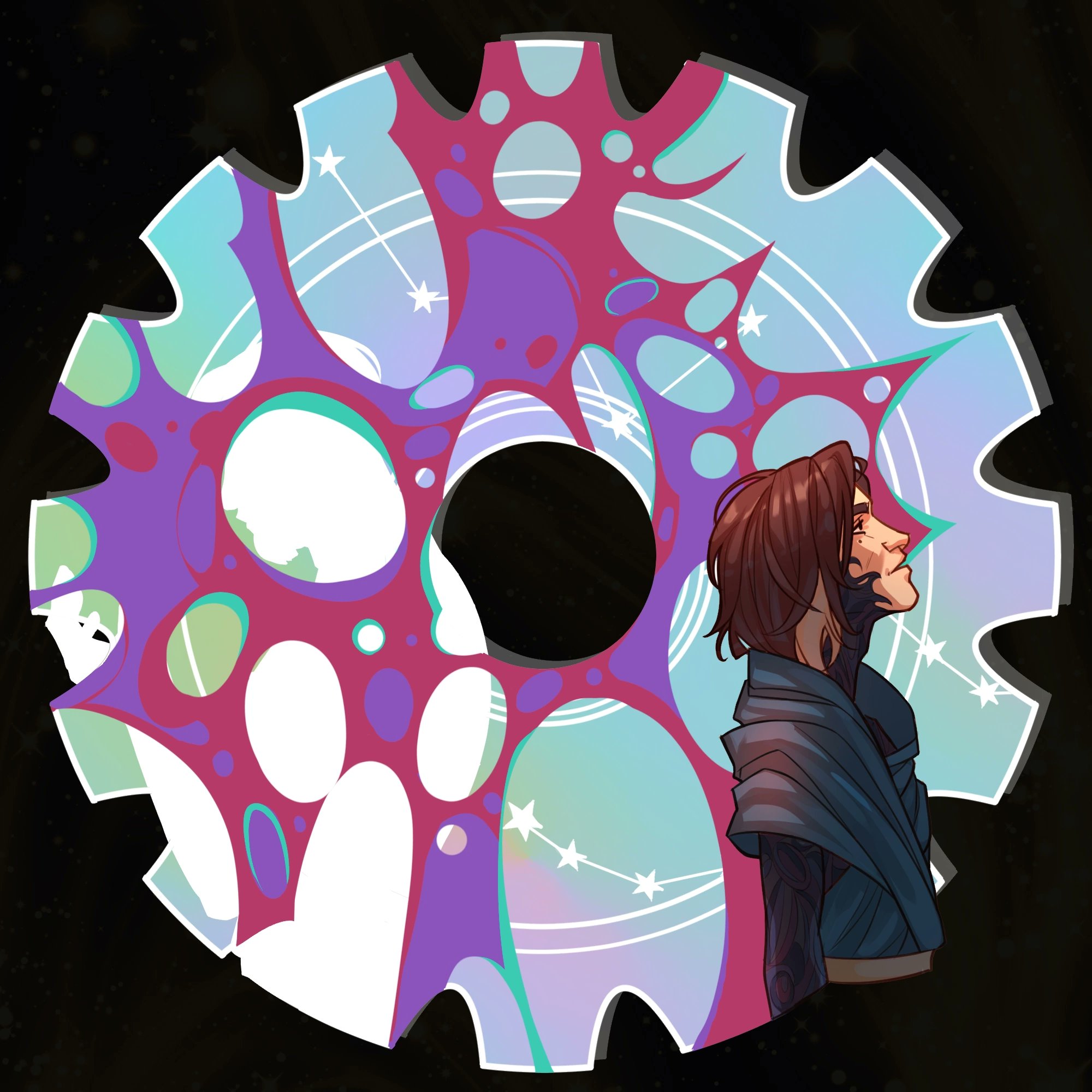 idutudu, viktor (arcane), viktor (league of legends), arcane: league of legends, league of legends, highres, 1boy, 1other, abstract, beard, blue cloak, border, brown hair, cloak, constellation, corruption, curtained hair, facial hair, gears, head tilt, looking up, male focus, ornate border, silhouette, superimposition, upper body