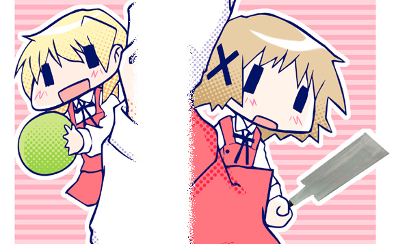 kairakuen umenoka, miyako (hidamari sketch), yuno (hidamari sketch), hidamari sketch, 00s, 2girls, blonde hair, blue hair, blush, female focus, hair ornament, hairclip, multiple girls, open mouth, school uniform, short hair, skirt, wide face, yamabuki high school uniform