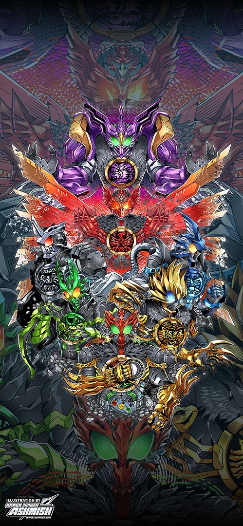 ashmish, gatakiriba (ooo combo), kamen rider ooo, putotyra (ooo combo), ratoratah (ooo combo), sagohzo (ooo combo), shauta (ooo combo), tajador (ooo combo), kamen rider, kamen rider ooo (series), 1boy, alternate form, armor, armored bodysuit, beetle horn, belt, bird, black bodysuit, blue eyes, bodysuit, bug, cell medal, claw (weapon), claws, clenched hands, compound eyes, core medal, feathers, fiery wings, gloves, glowing, glowing eyes, grasshopper, green armor, green eyes, green helmet, green theme, grey armor, helmet, horns, insect, male focus, mask, multiple wings, o medal, o scanner, ooo driver, phoenix, power fist, purple armor, red armor, red eyes, red theme, rider belt, single horn, solo, spiked gauntlets, taja spinner, tatoba (ooo combo), tokusatsu, weapon, wings, yellow armor, yellow helmet, yellow theme