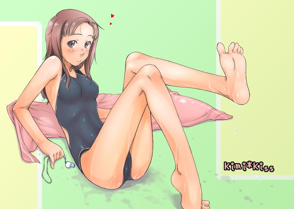 sakura kotetsu, kawada tomoko, kimi kiss, bad id, bad pixiv id, 1girl, barefoot, brown eyes, brown hair, competition swimsuit, feet, female focus, forehead, legs, long hair, one-piece swimsuit, soles, solo, spandex, swimsuit, teacher, toes, towel, wet, whistle